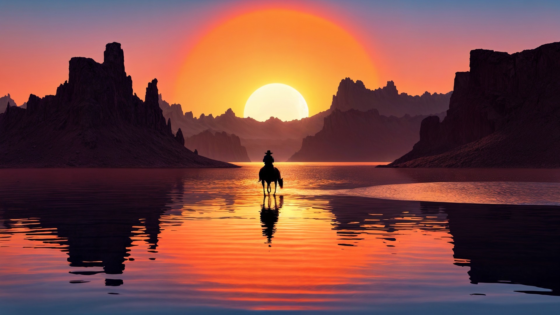 Cowboy and Horse by Tranquil Lake at Sunset