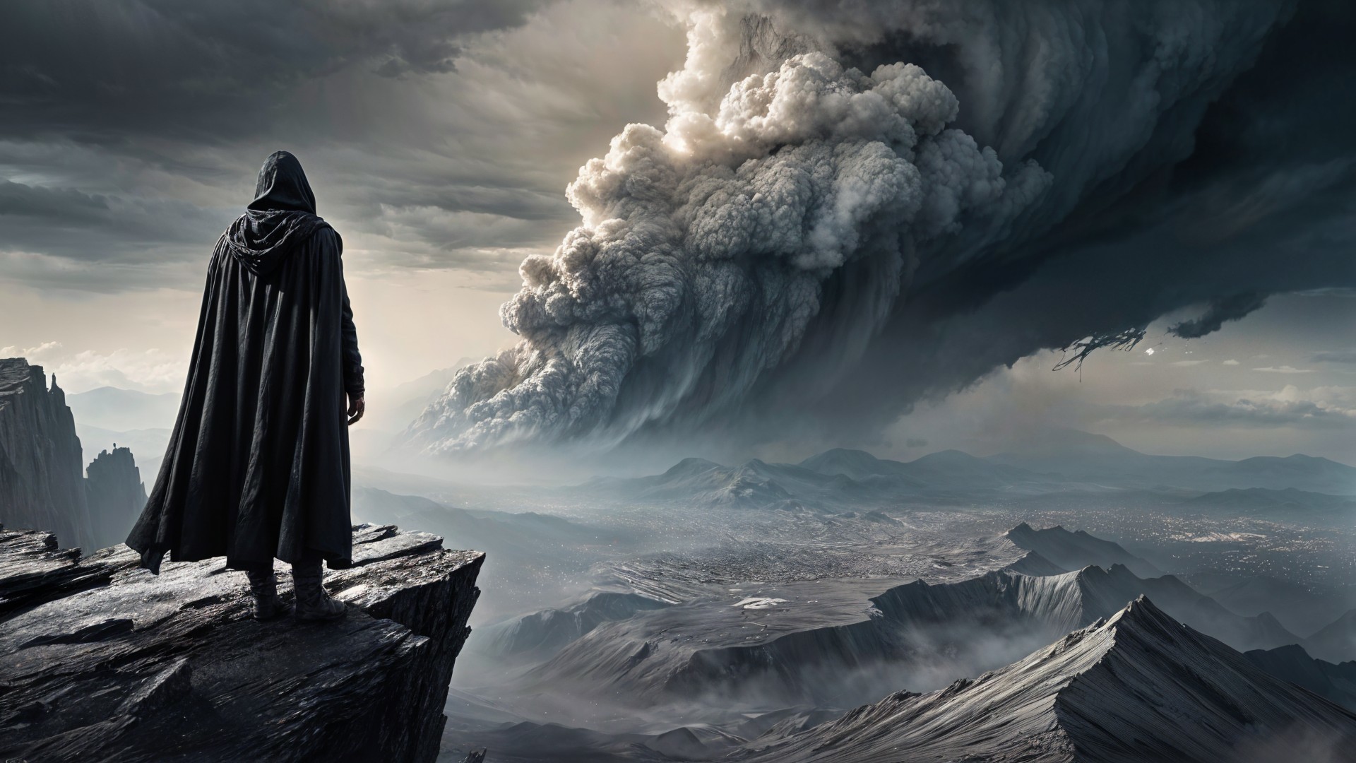 Figure in Cloak Overlooking Dramatic Landscape and City