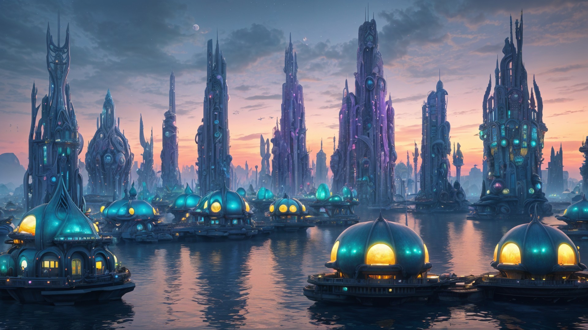 Futuristic cityscape with spires and tranquil waterway