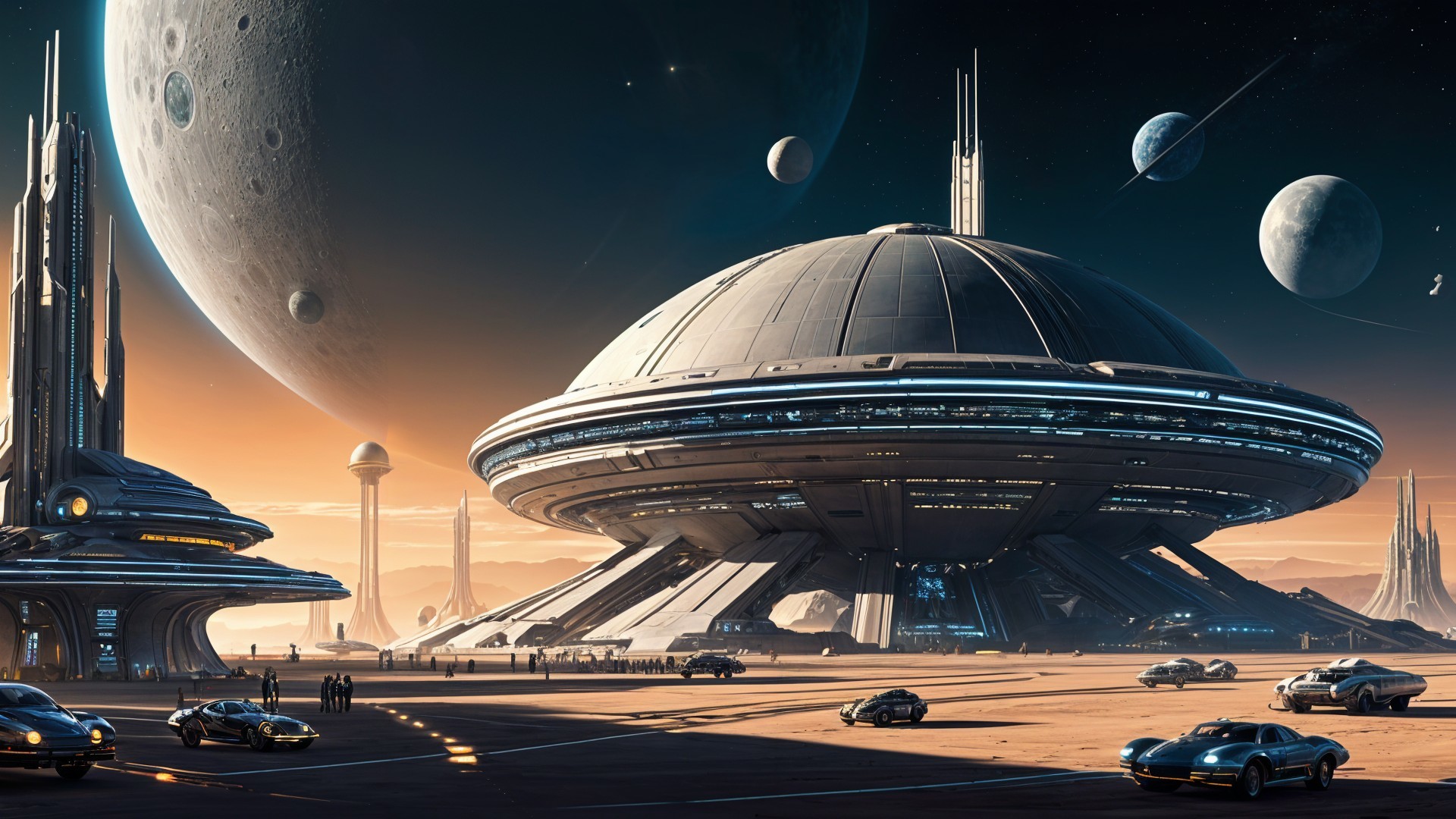 Futuristic Landscape with Space Station and Planets