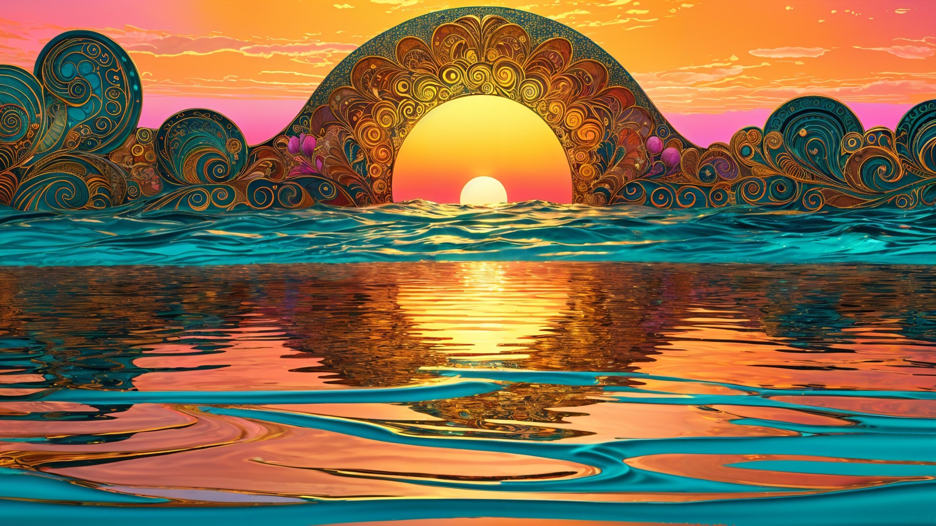 Vibrant Sunset Over Tranquil Ocean with Colorful Reflections
