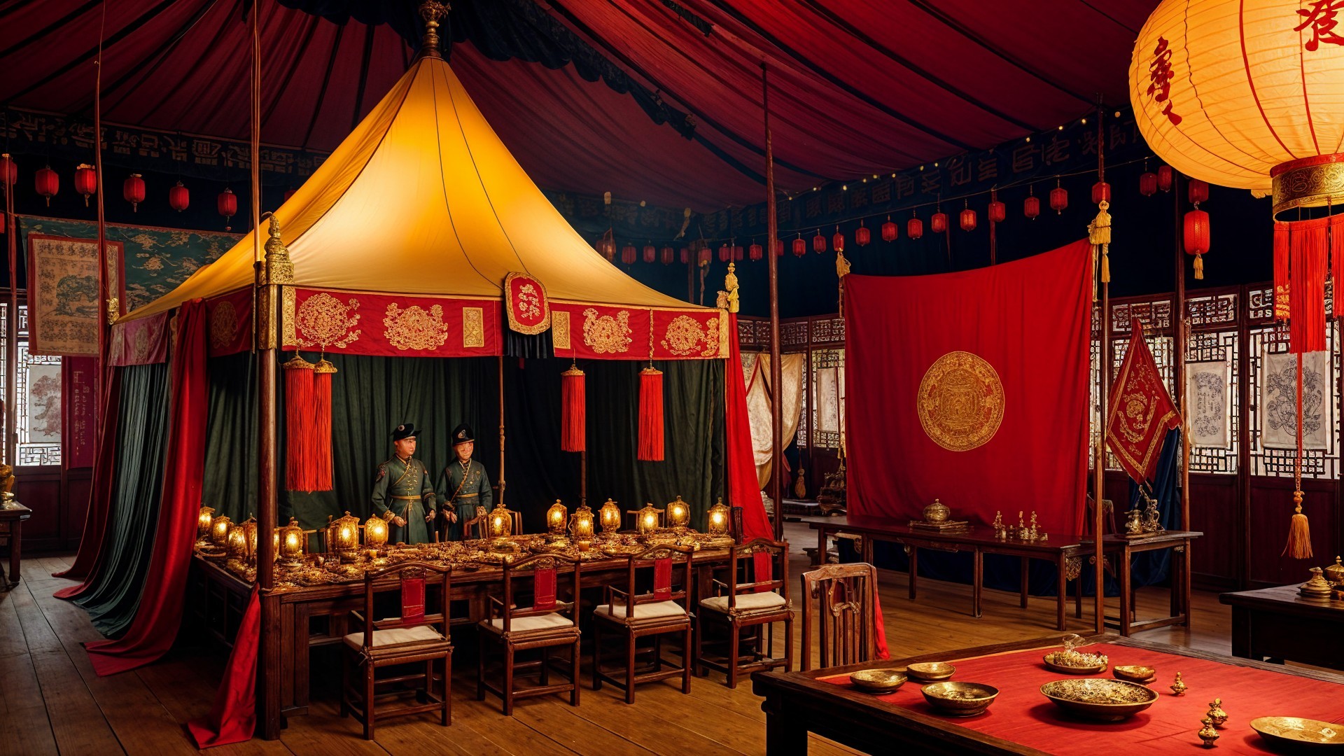 Opulent palace tent with guards and elegant decor
