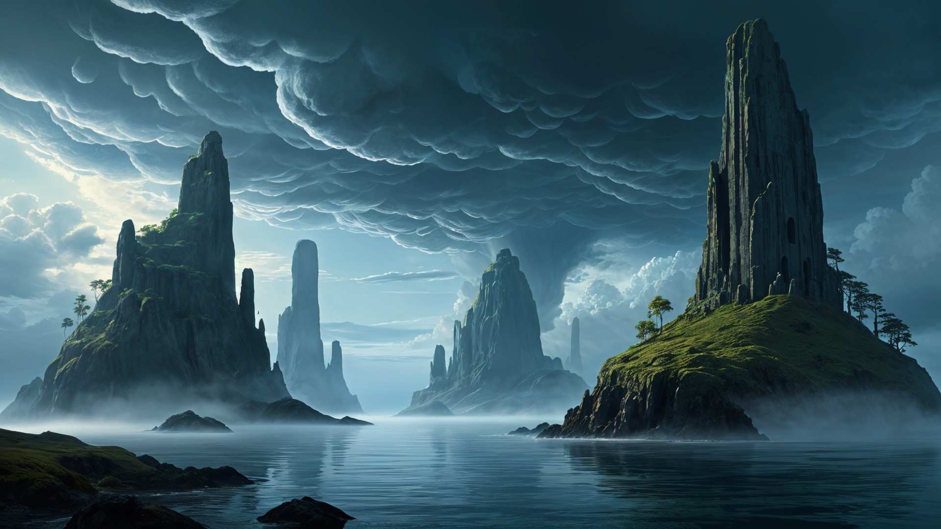 Dramatic Landscape with Rocky Formations and Water