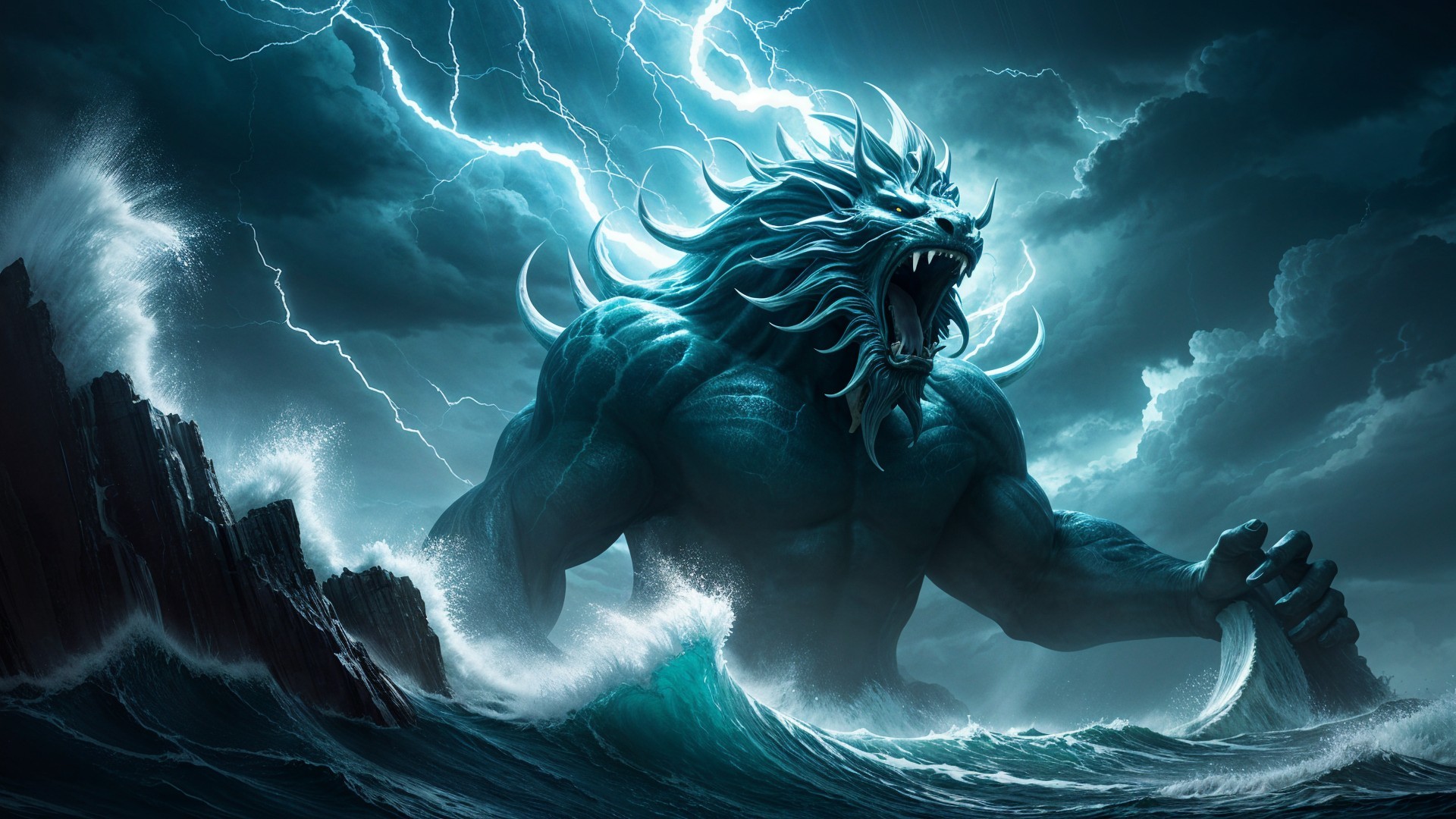 Mythical Lion-Headed Giant Over Stormy Ocean Waves
