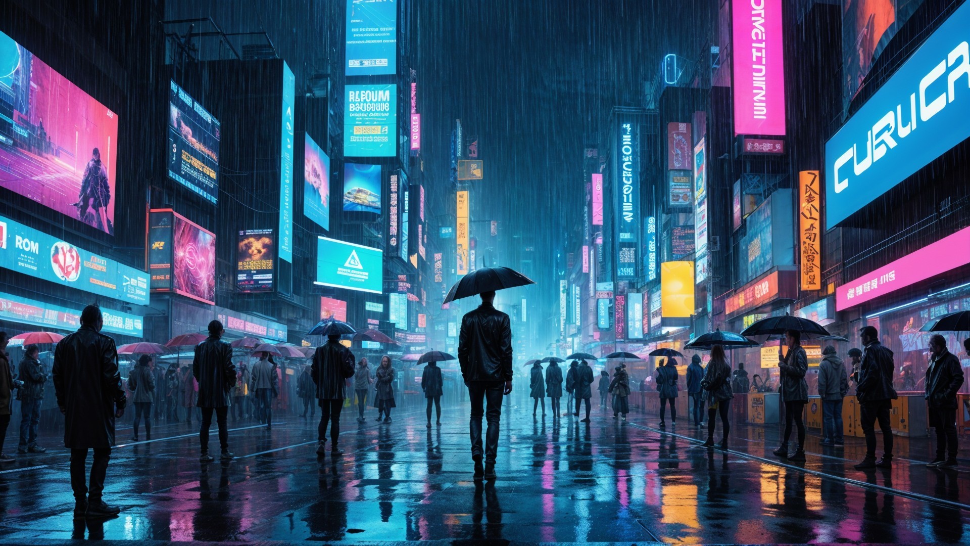 Neon-Lit Cityscape with Umbrella-Clad Figures