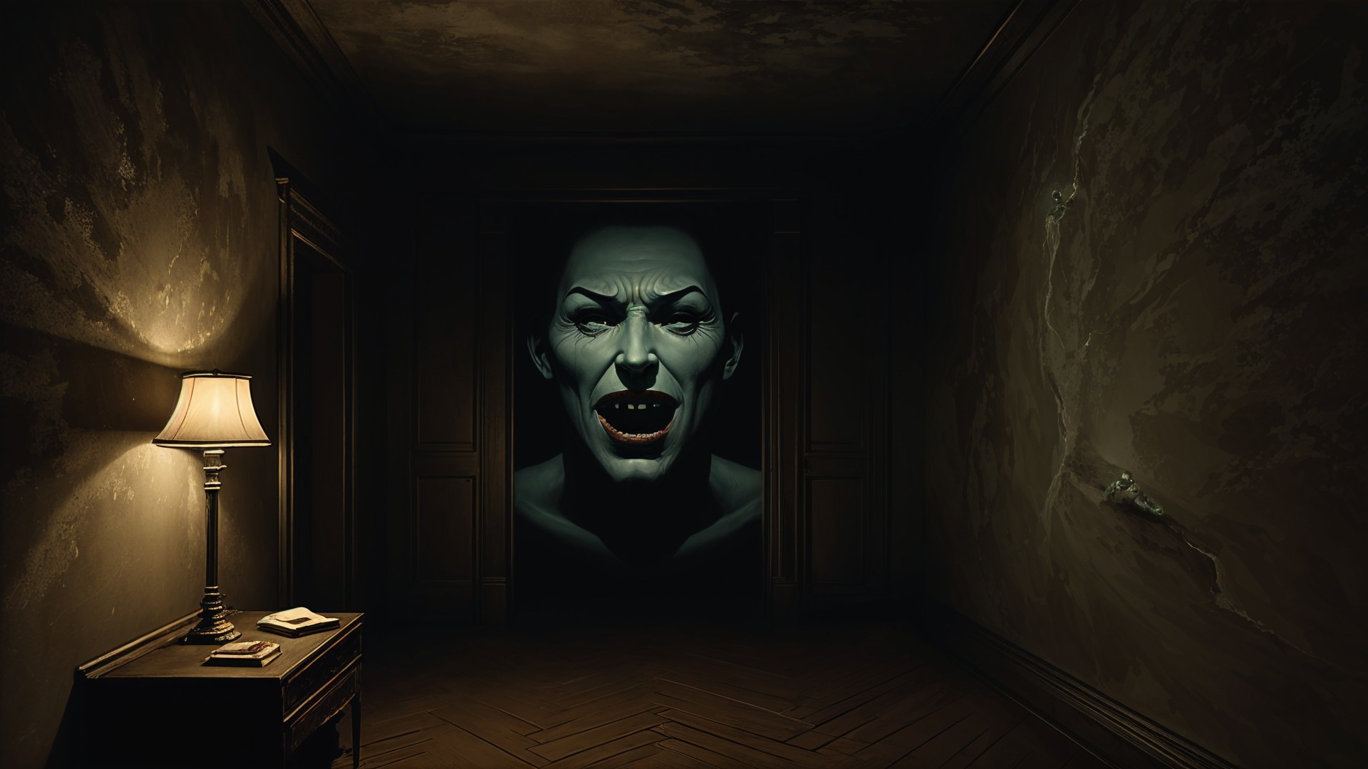 Vintage Lamp and Eerie Portrait in Dimly Lit Room