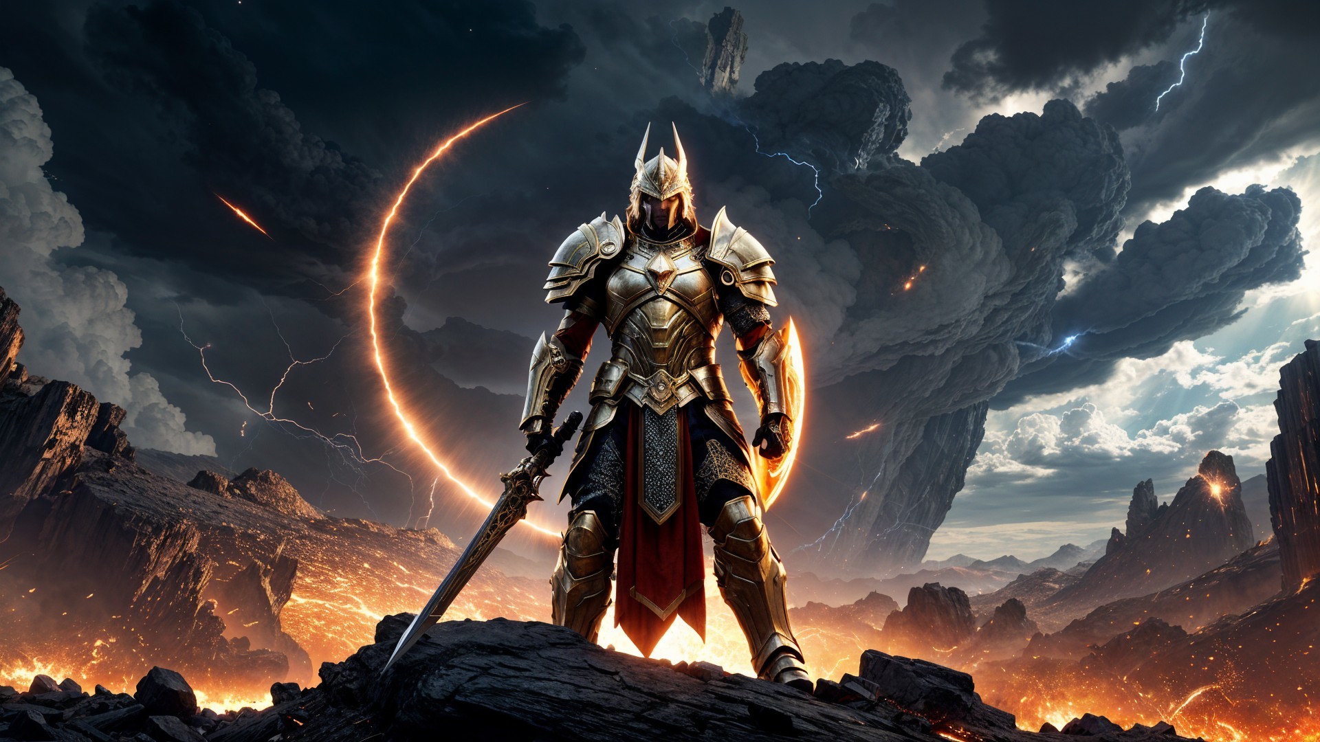 Knight in Golden Armor on Rocky Terrain with Lava