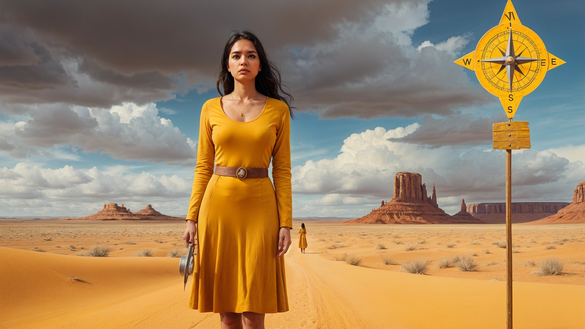 Woman in Yellow Dress in Desert Landscape with Compass