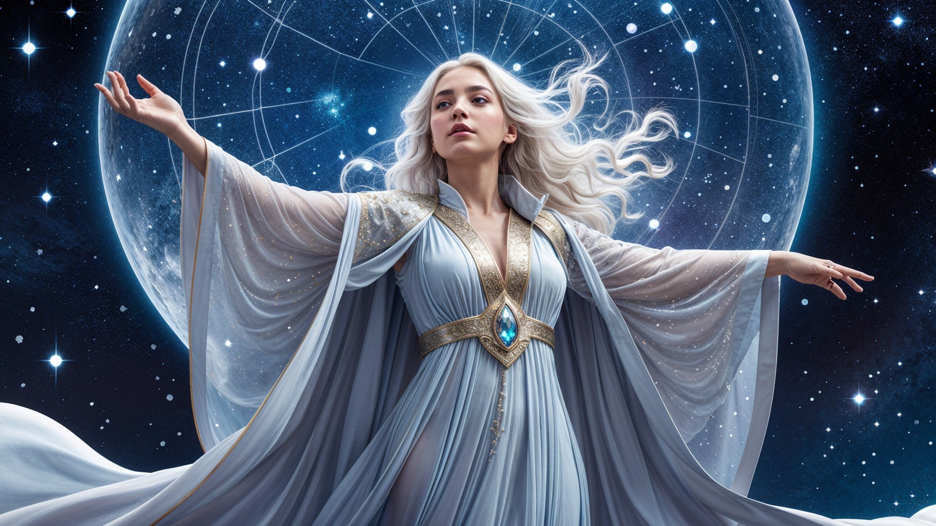 Celestial Figure in Silver-Blue Gown Against Night Sky
