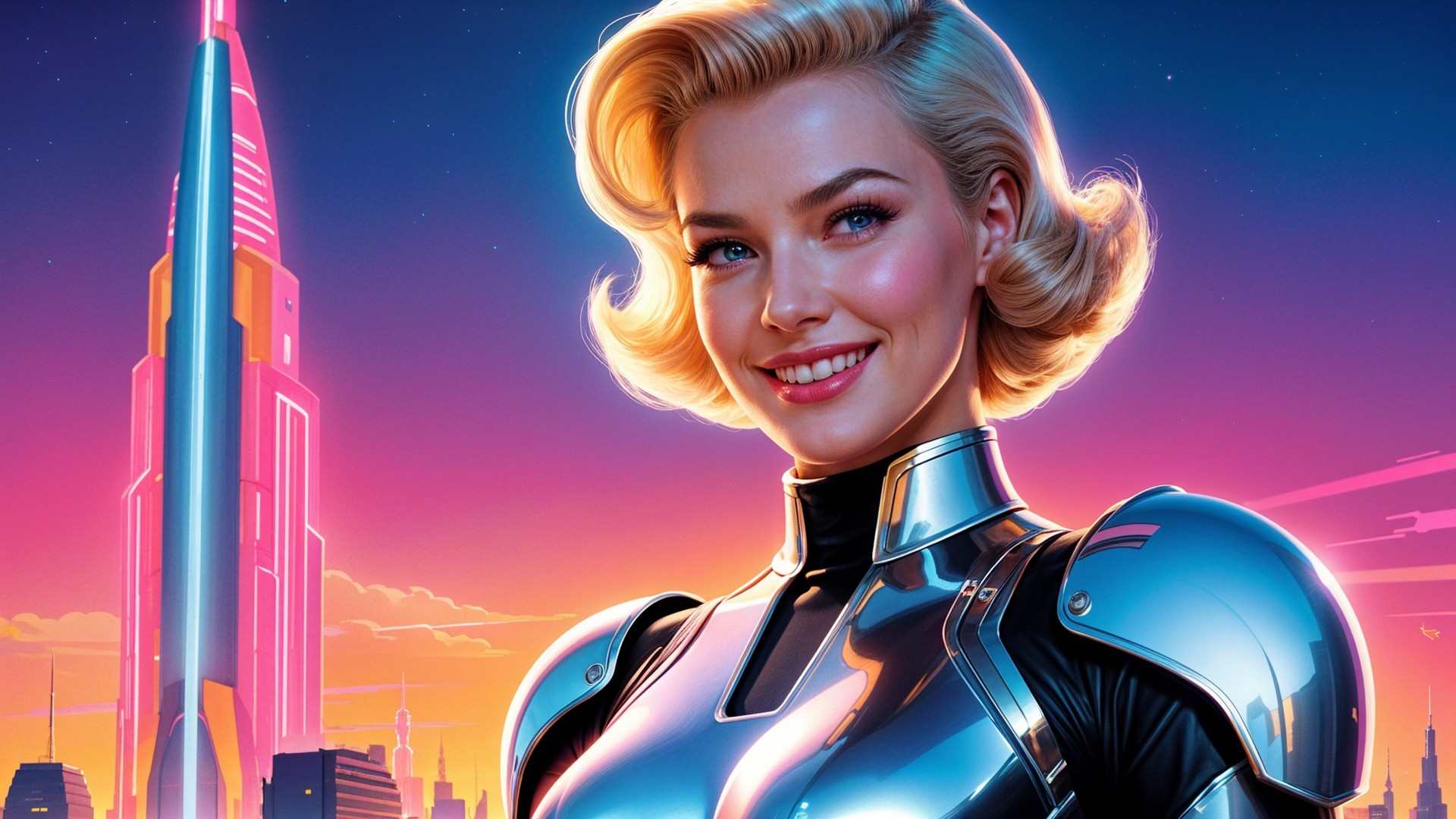 Confident Woman in Futuristic Silver Suit at Sunset Skyline
