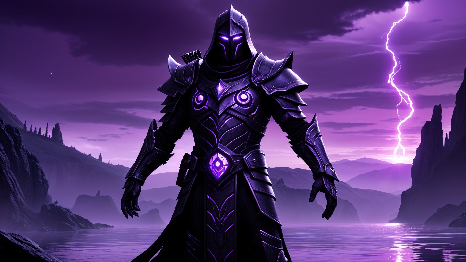 Mysterious Warrior in Purple-Hued Dramatic Landscape