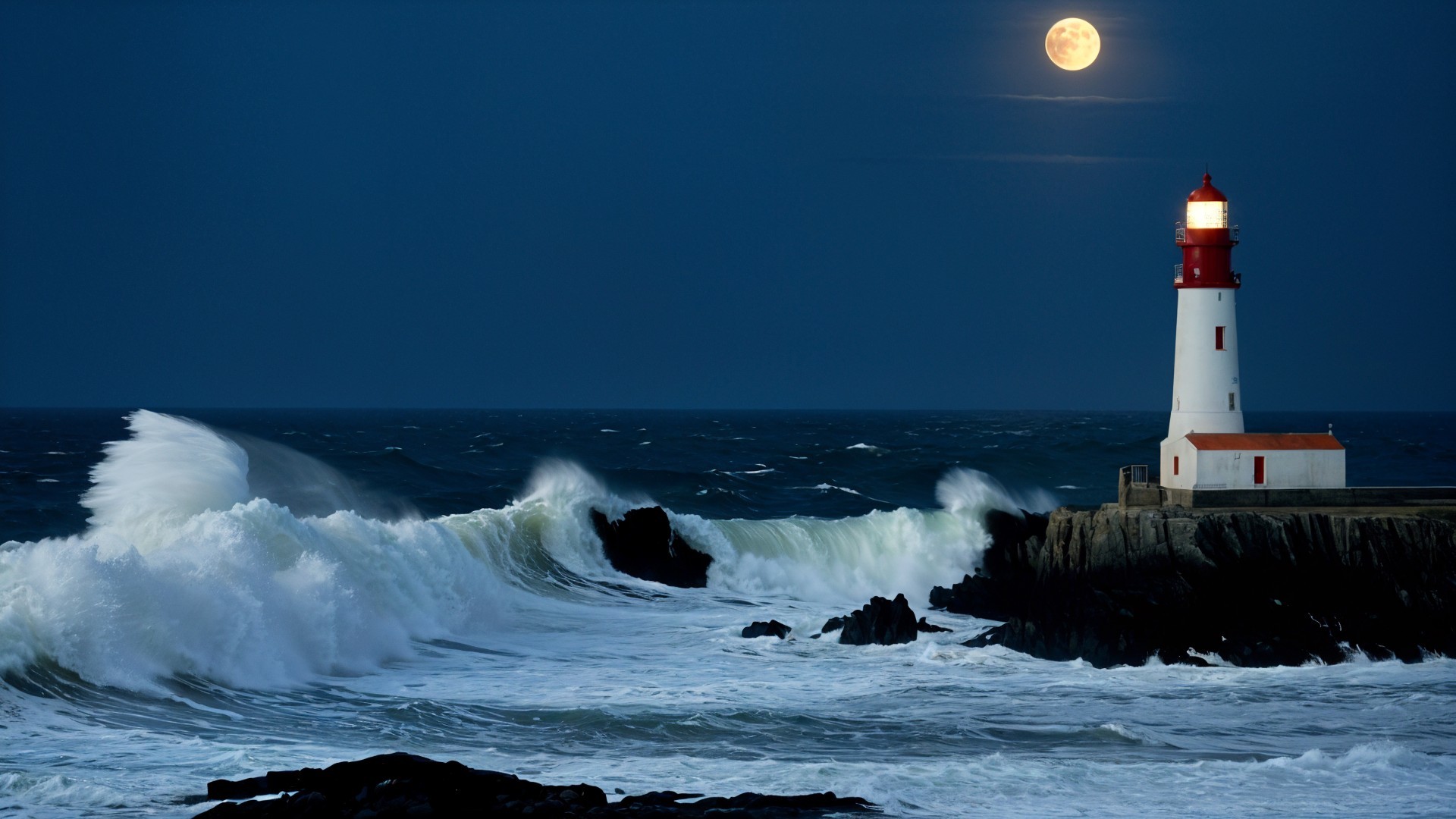 Vibrant Lighthouse at Night with Moonlit Waves