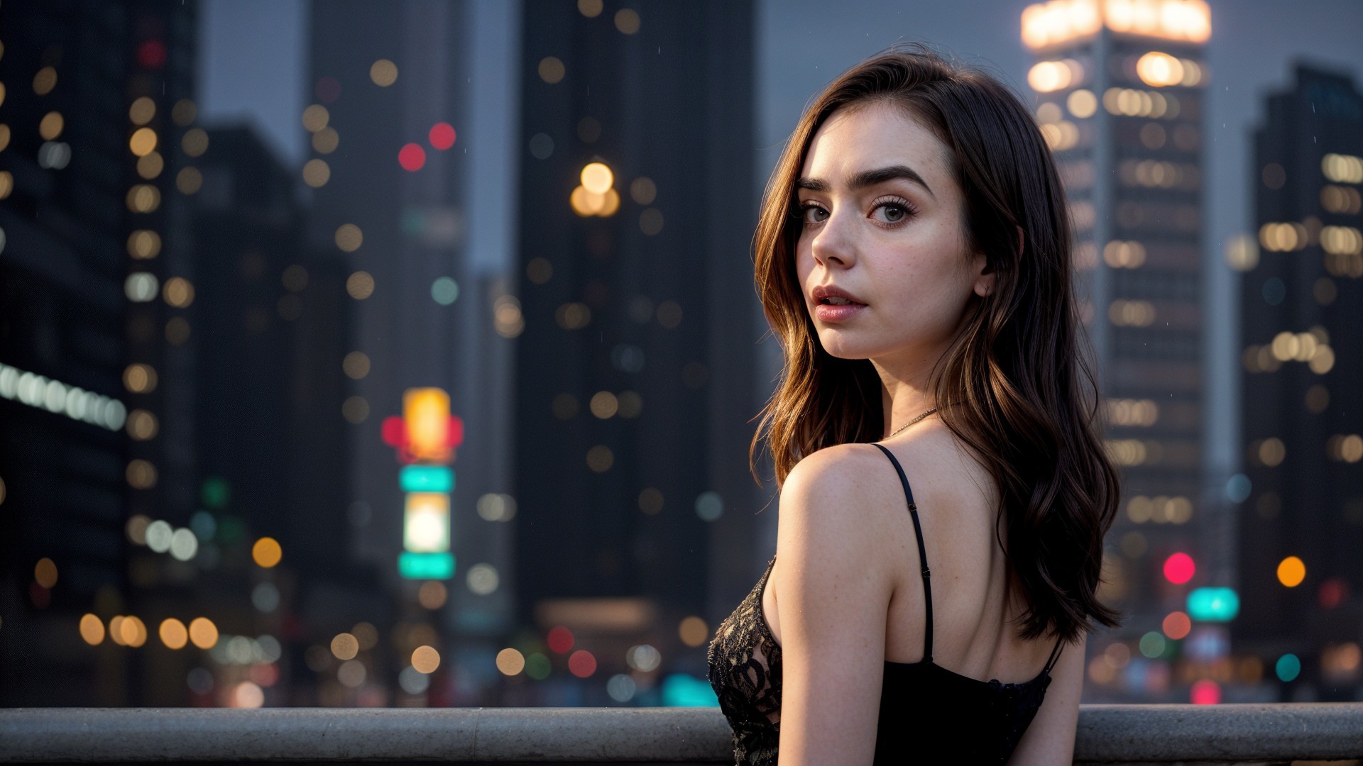 Young woman in black dress on city street at dusk