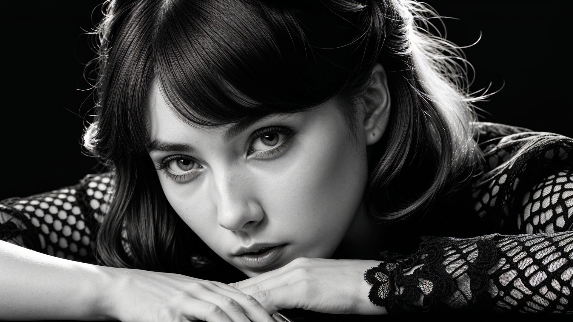 Close-up of a young woman with dramatic black-and-white contrast