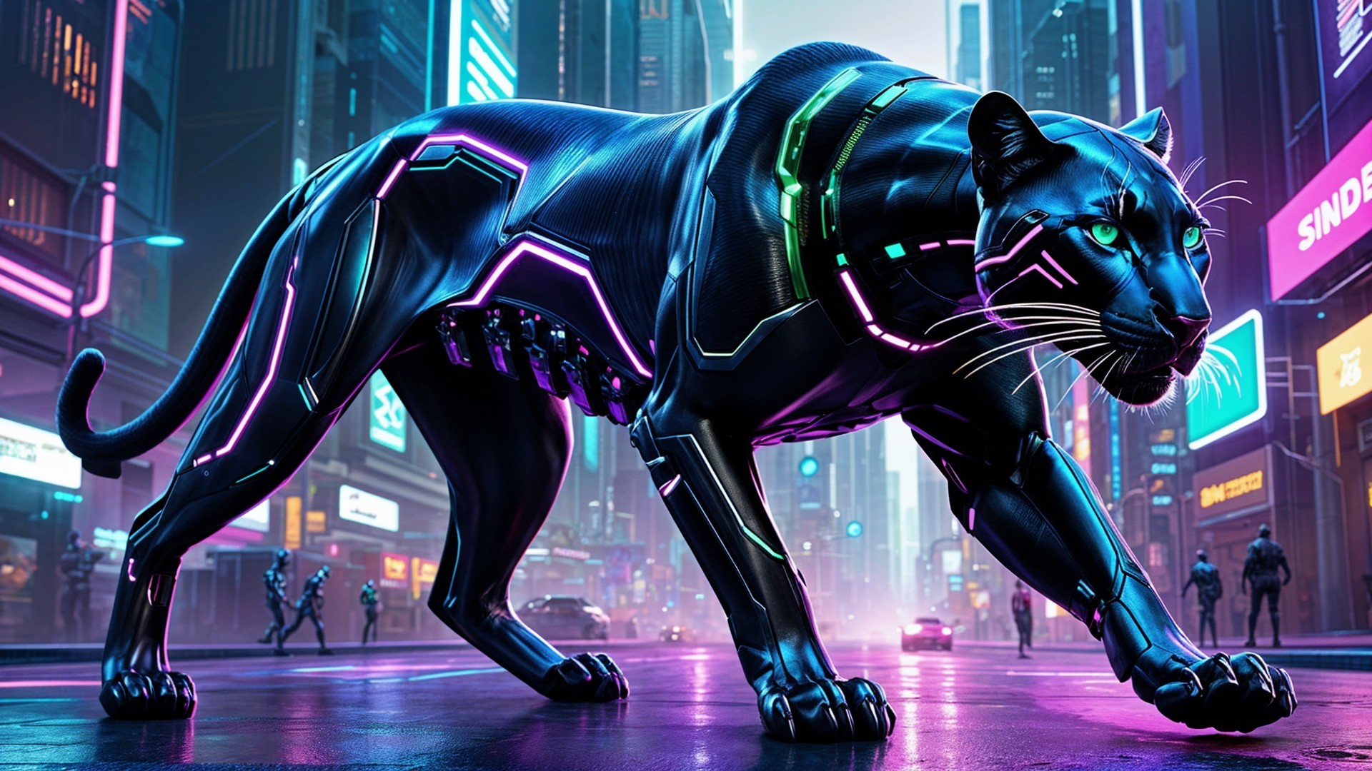 Futuristic Black Panther in Neon Urban Landscape