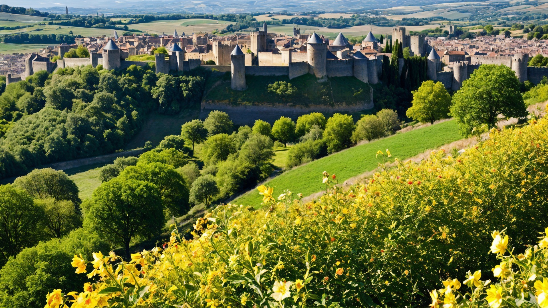 Medieval Castle Surrounded by Lush Greenery and Flowers