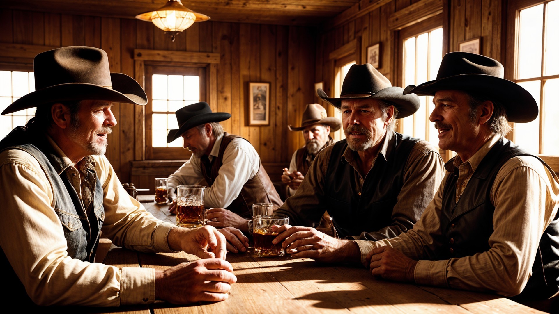 Cowboys in Rustic Saloon Engaged in Conversation