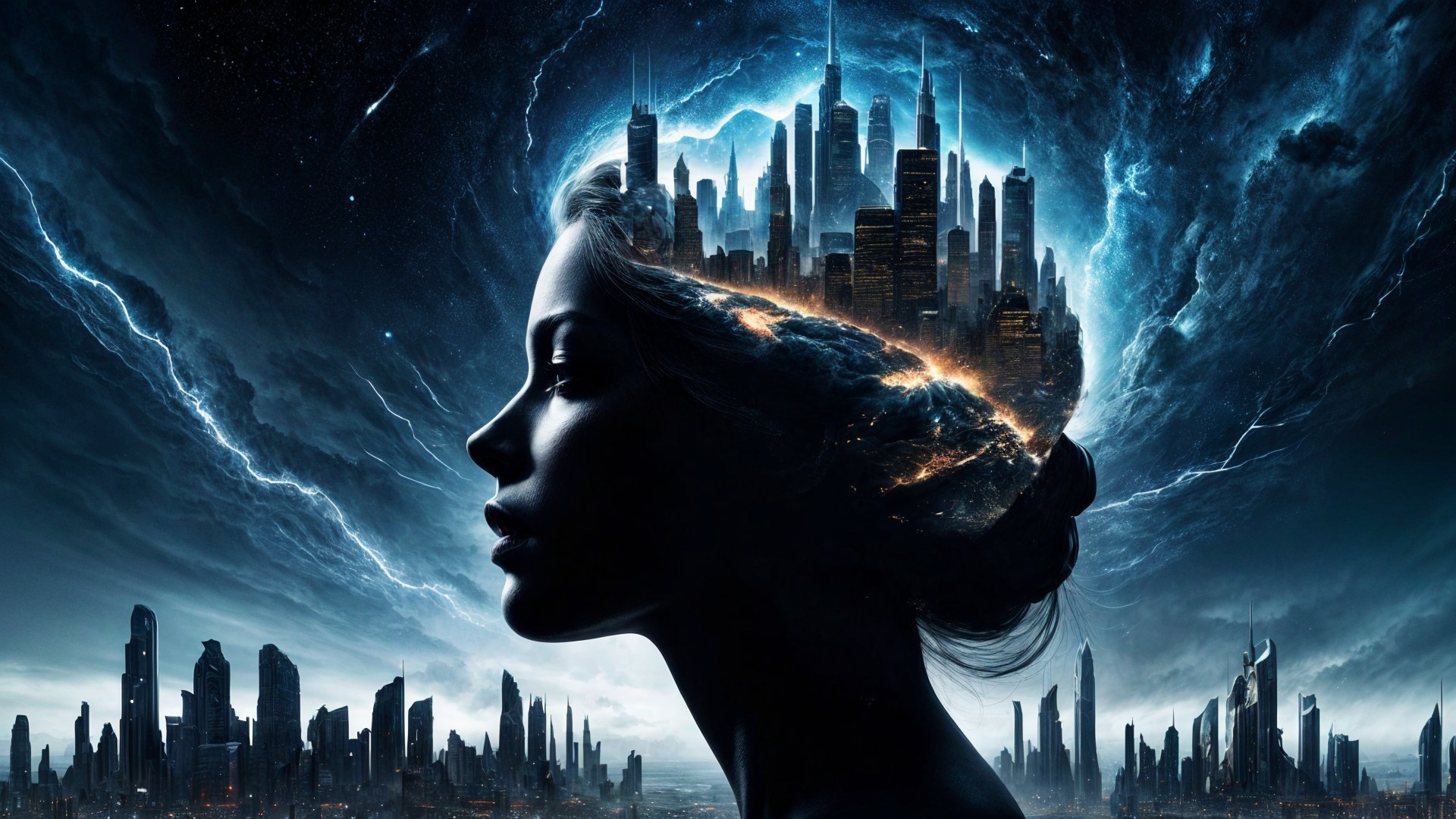 Silhouette of a Woman with Cosmic City Skyline