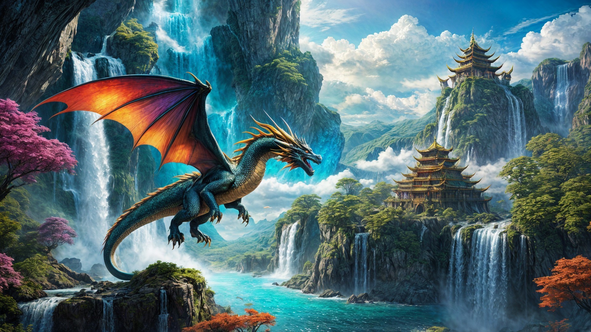 Majestic dragon in vibrant landscape with waterfalls and pagoda