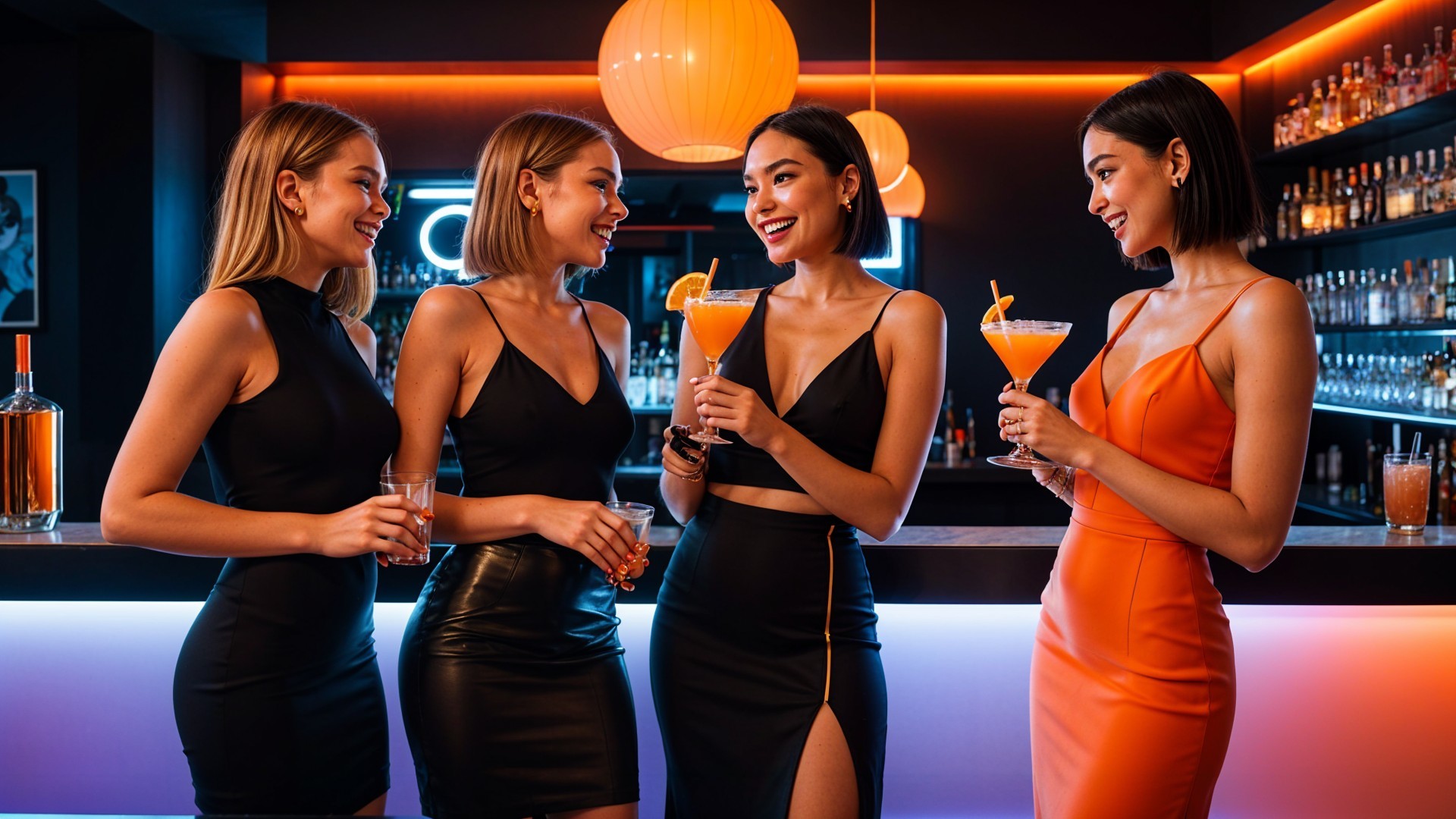 Elegant Women Enjoying Cocktails in Stylish Bar