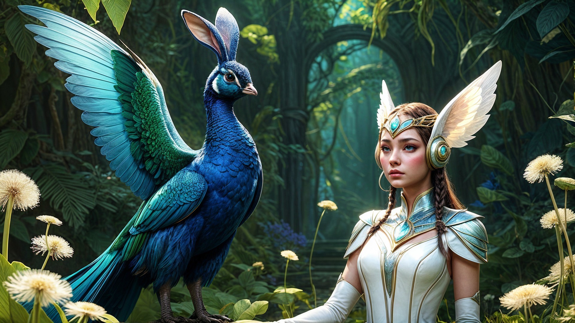 Young Woman and Peacock in Enchanted Forest Setting