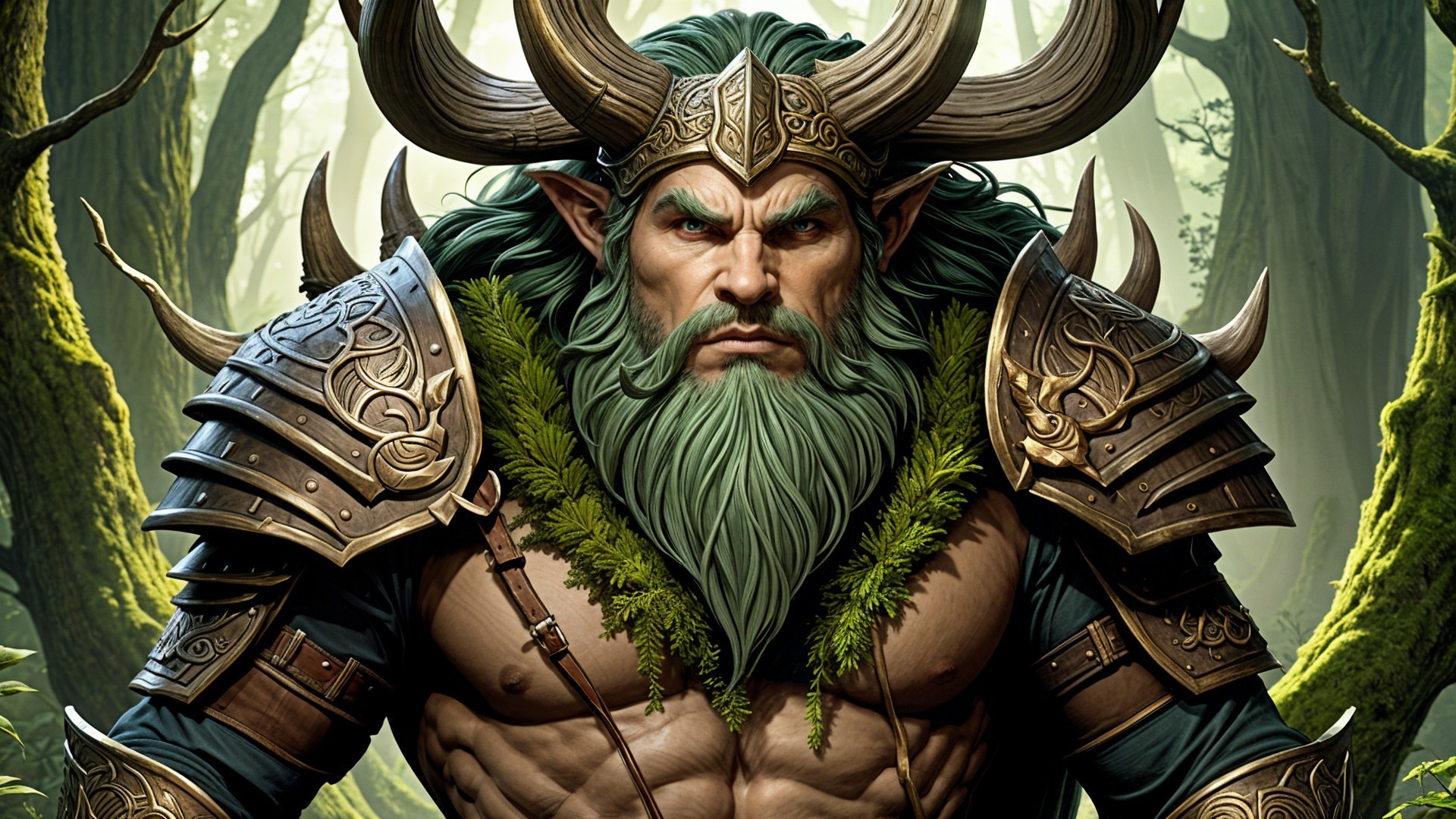 Muscular Warrior in Intricate Armor in Lush Forest