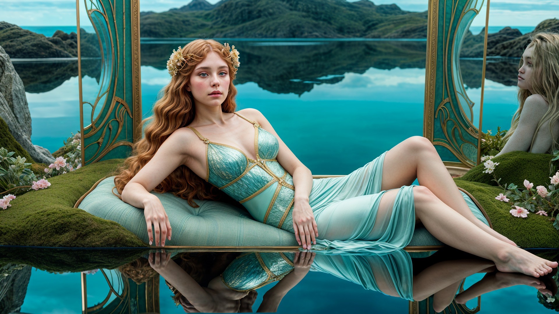 Young Woman in Blue Dress by Tranquil Water Scene
