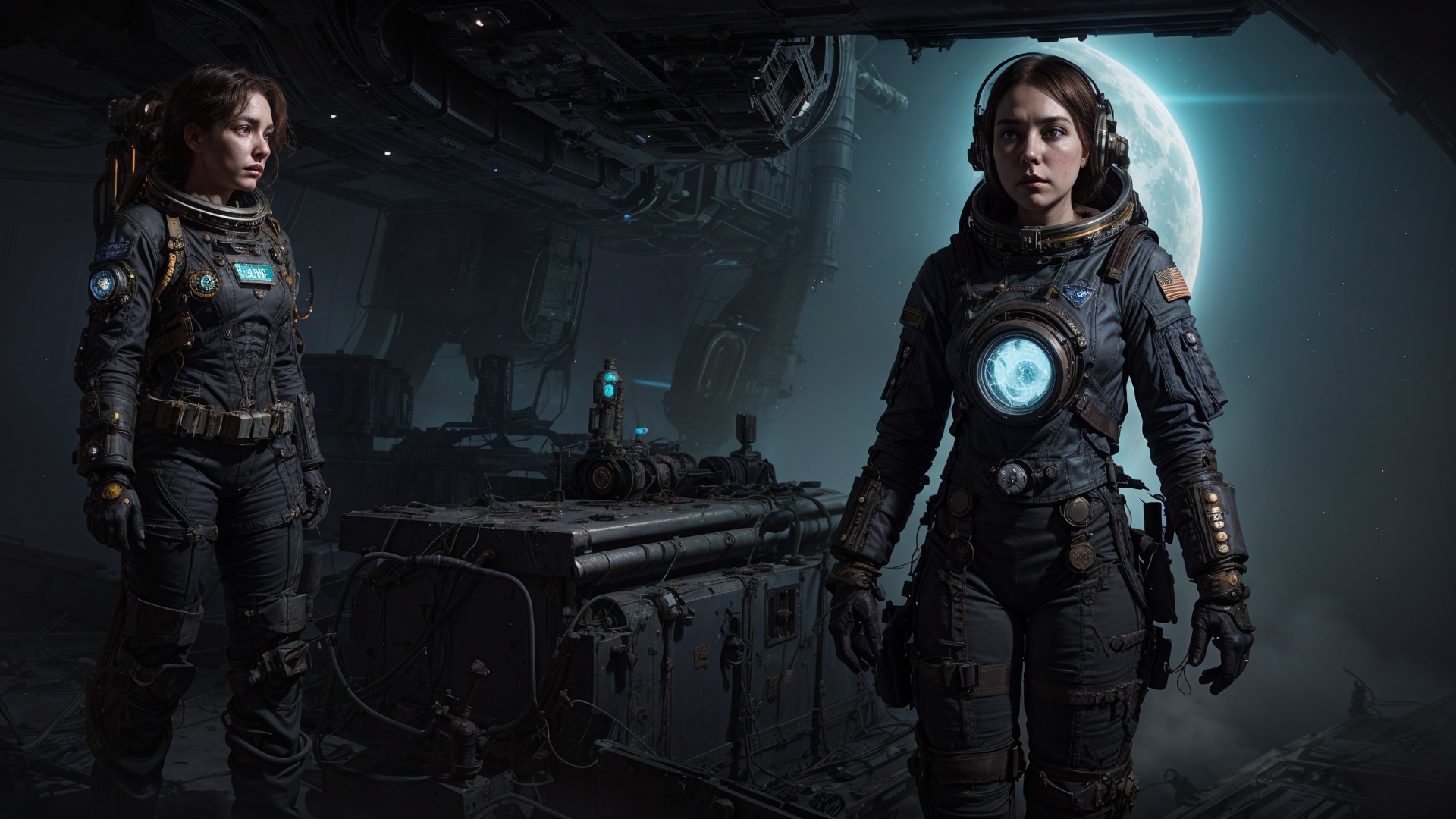 Astronauts in High-Tech Suits Inside Spacecraft