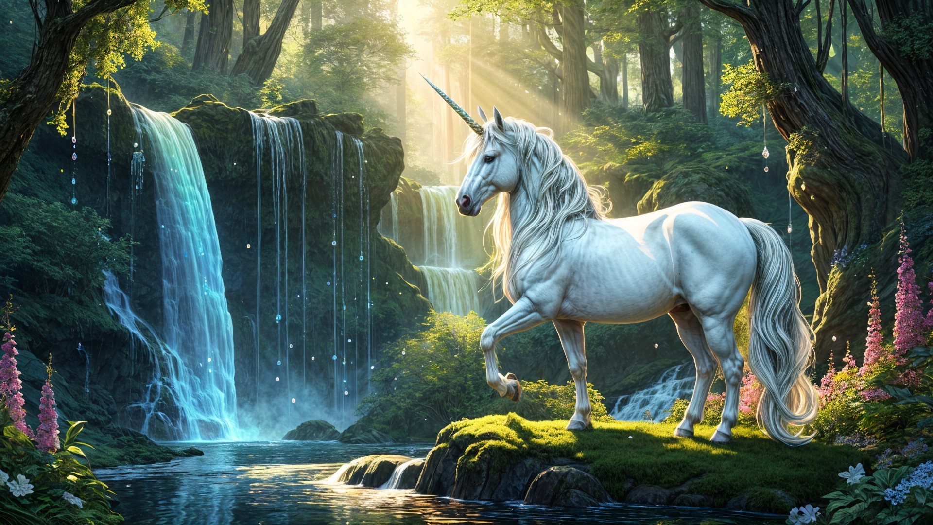 Unicorn by Waterfall in Enchanted Forest Scene