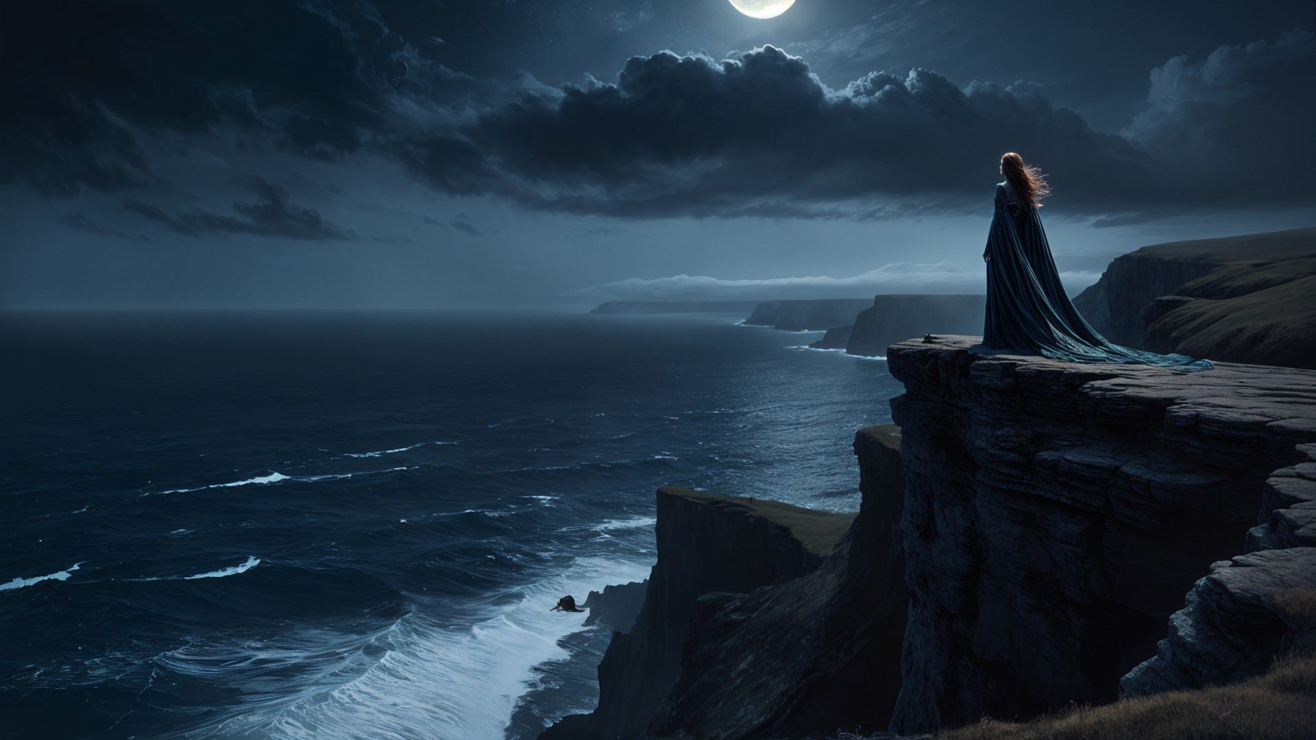Solitary Figure on Cliff Overlooking Tumultuous Sea