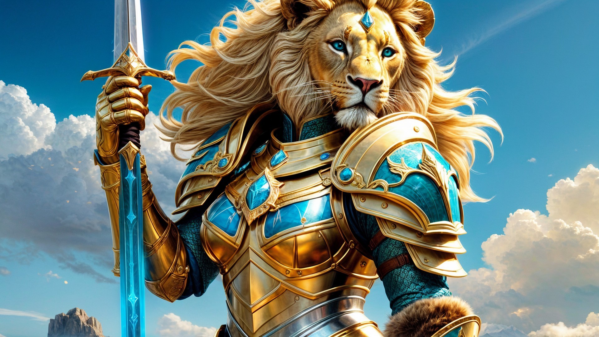Lion in Golden Armor with Sword Under Blue Sky