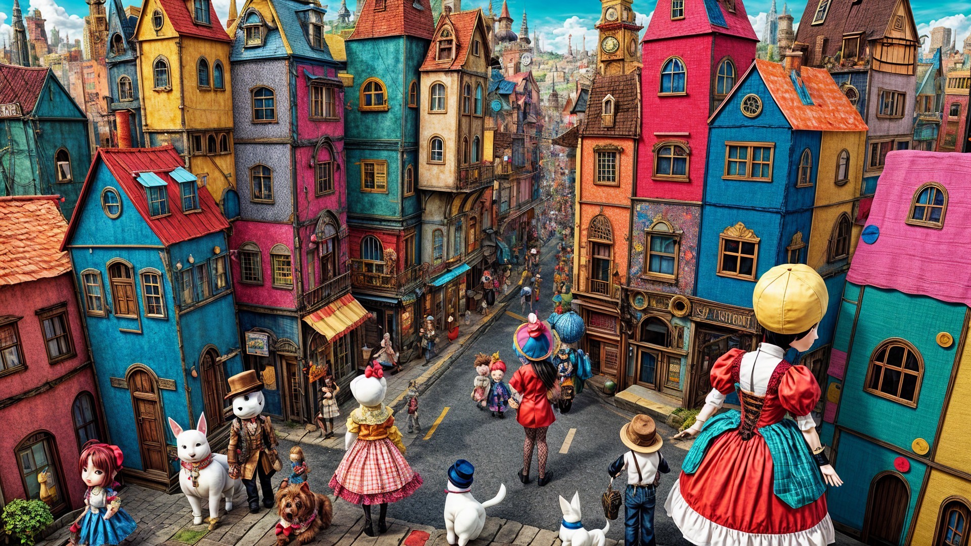Colorful Village Scene with Unique Houses and Characters