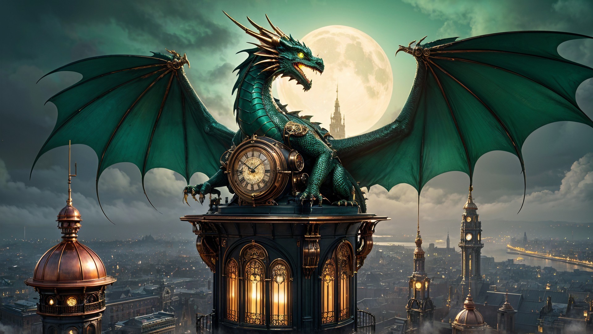Majestic Green Dragon on Clock Tower Under Full Moon