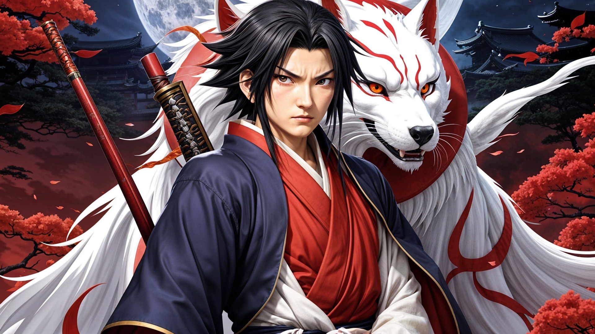 Fierce Samurai with White Wolf in Moonlit Landscape