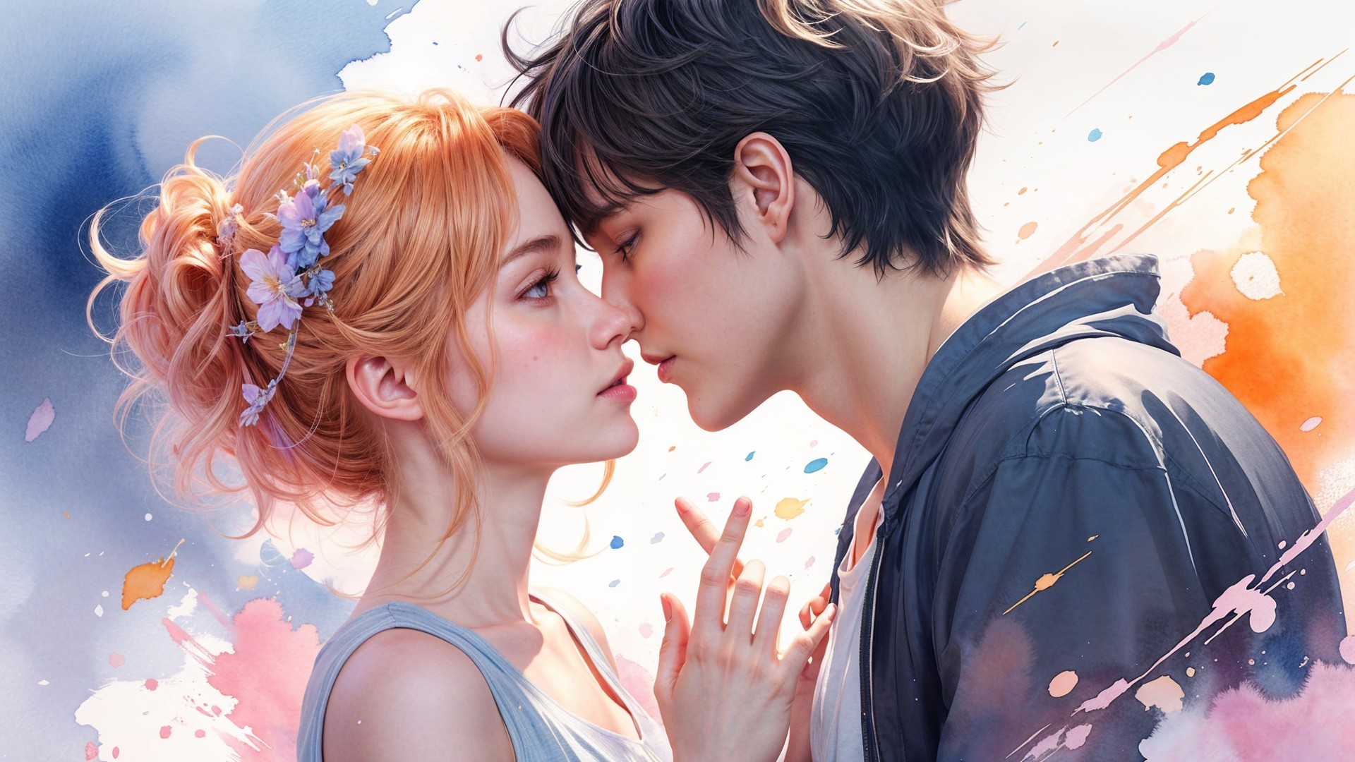 Intimate Close-Up of a Young Couple in Pastel Hues