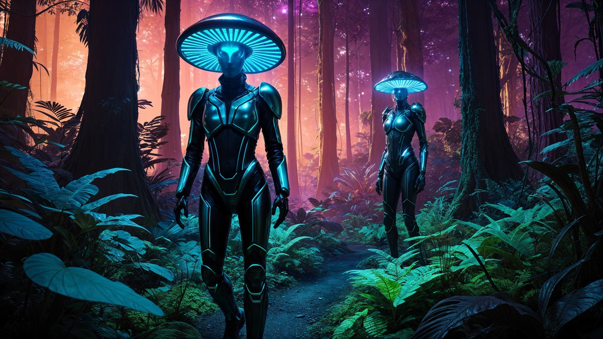 Futuristic Figures in a Vibrant Otherworldly Forest