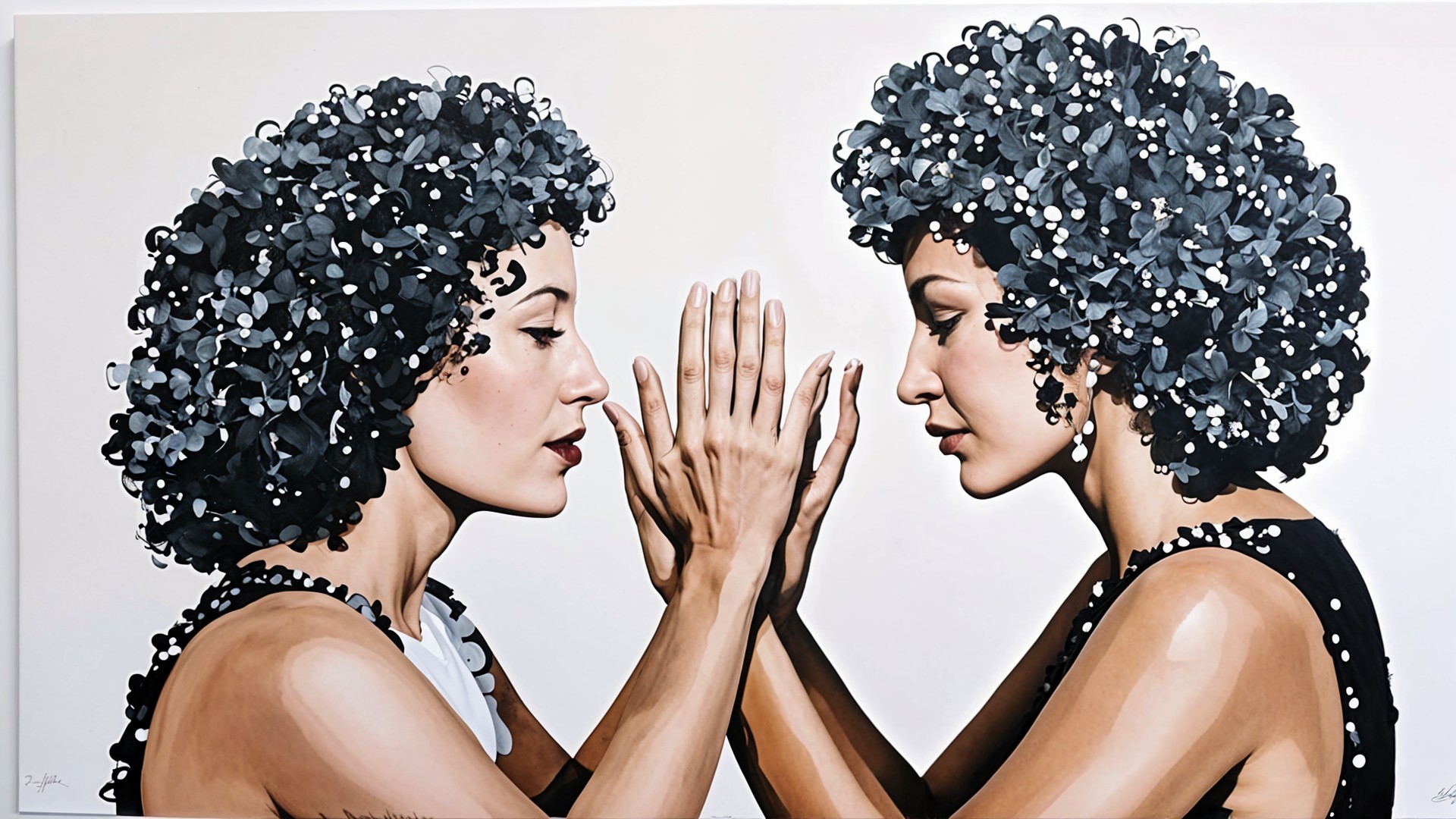 Artwork of Two Women with Curly Hairstyles and Elegance