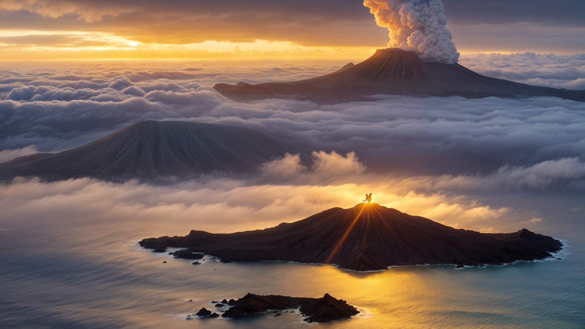 Aerial View of Volcanic Landscape at Sunset