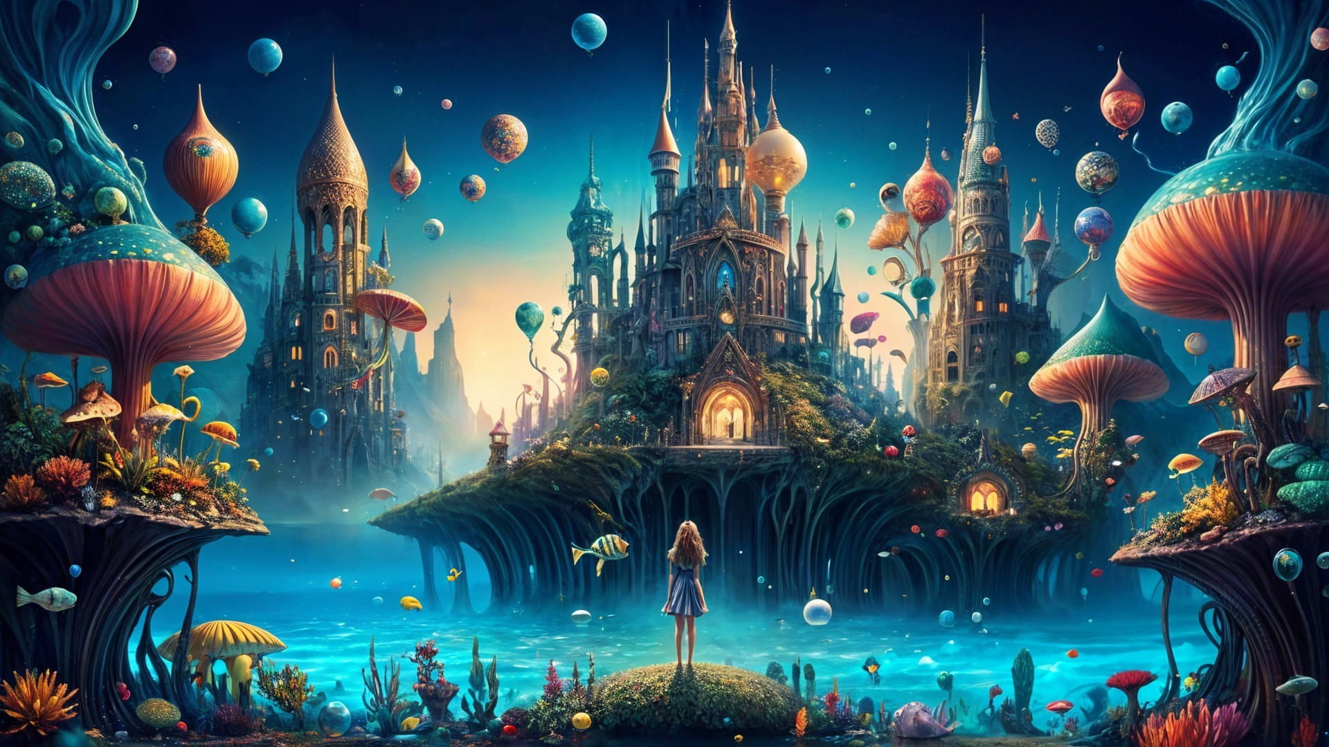 Whimsical Landscape with Castle and Hot Air Balloons