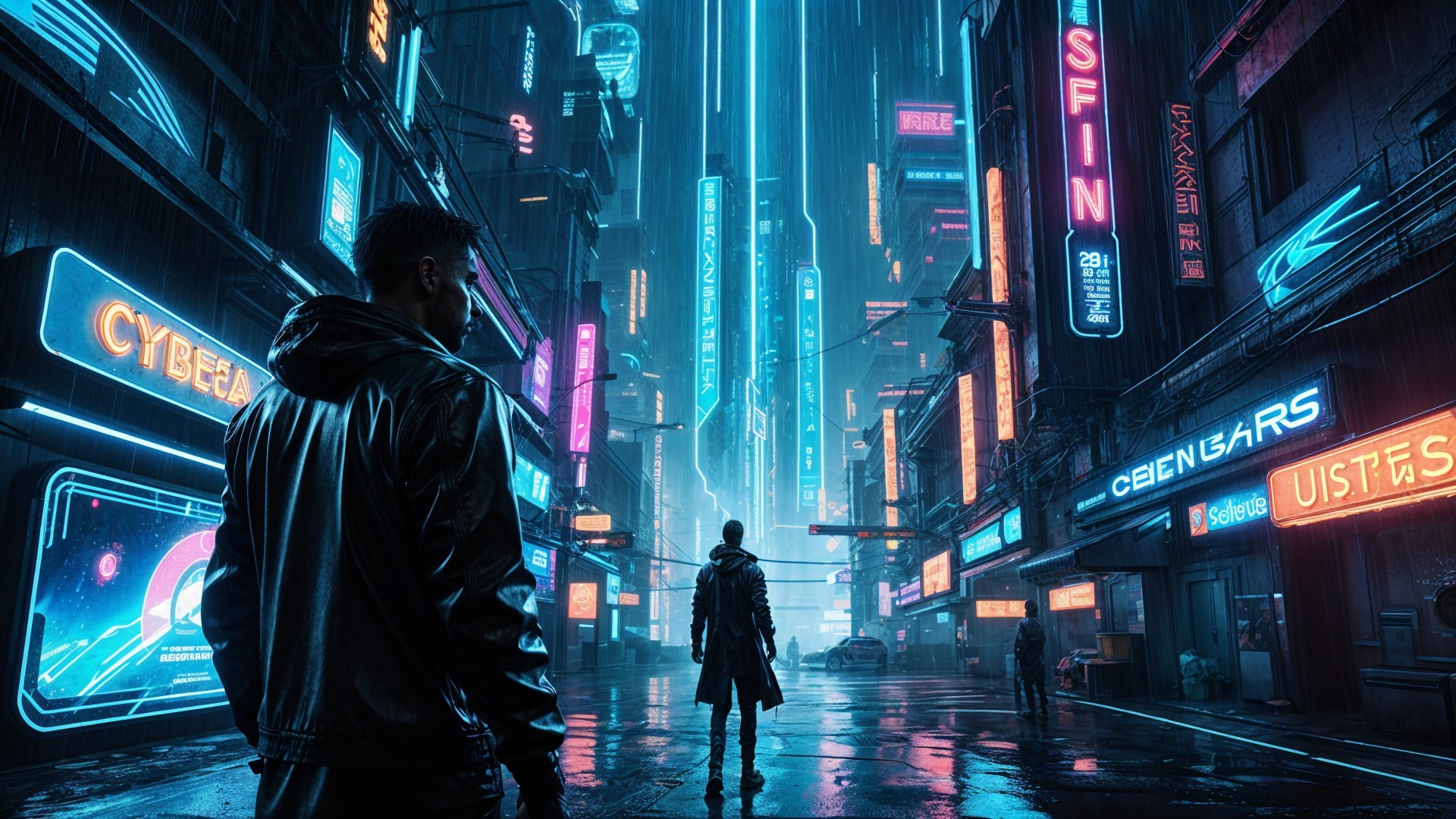 Futuristic Rainy Urban Landscape with Neon Signs