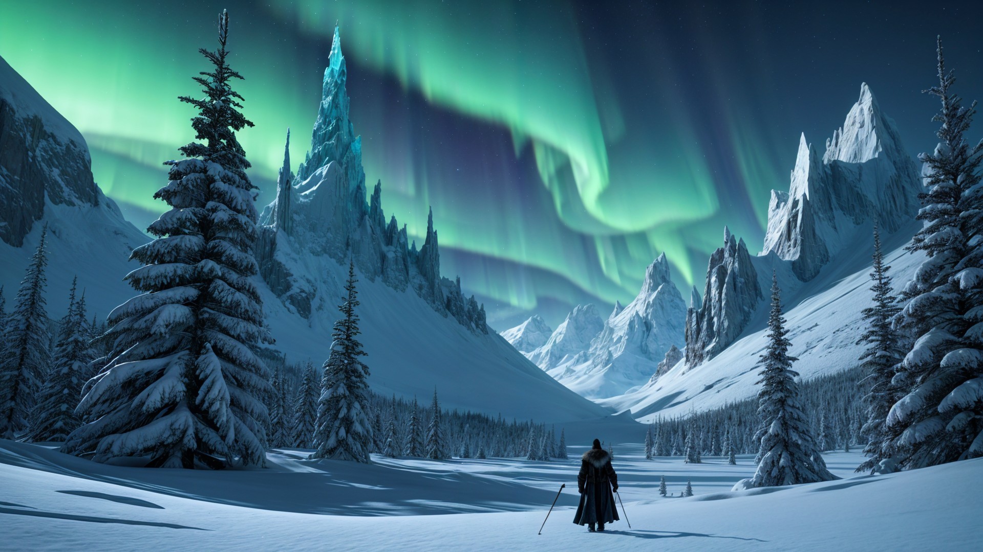 Lone Figure in Snowy Valley Under Northern Lights