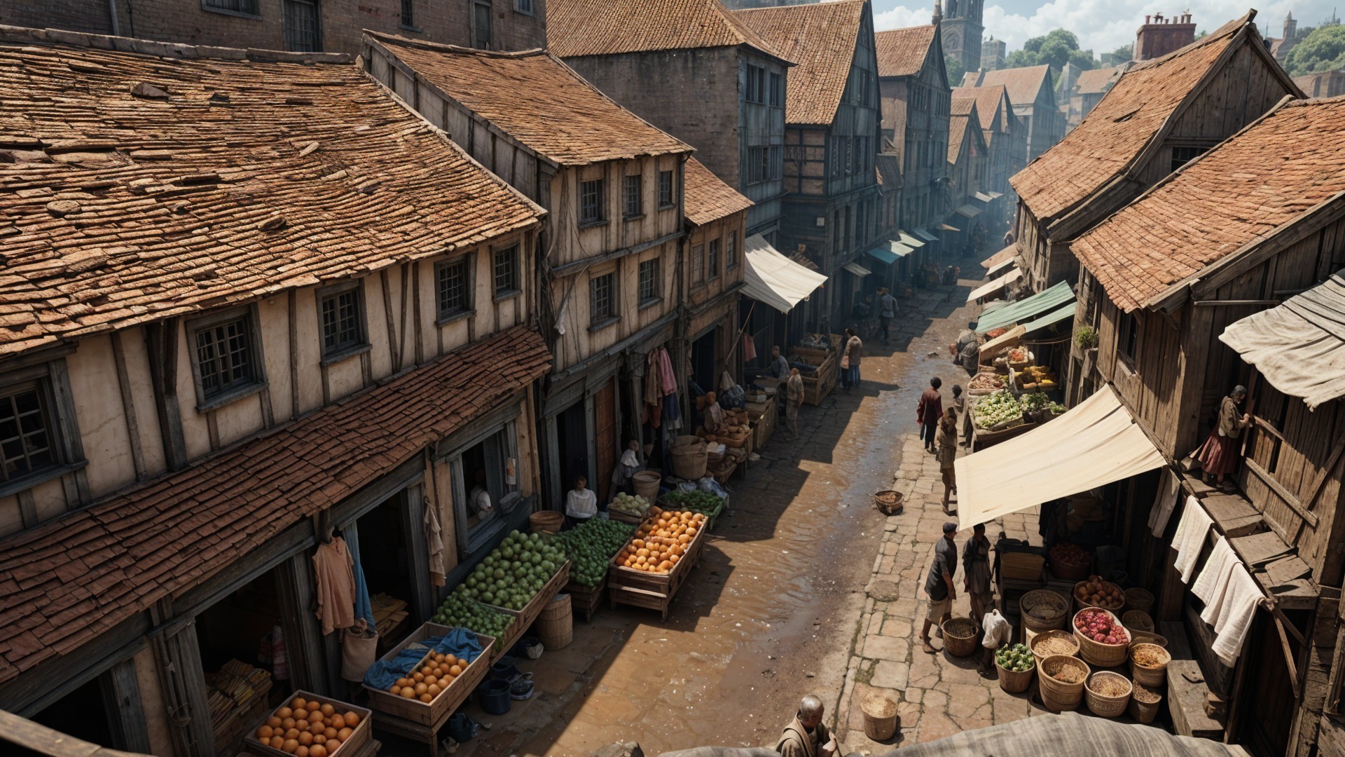 Medieval Market Street with Vendors and Stalls
