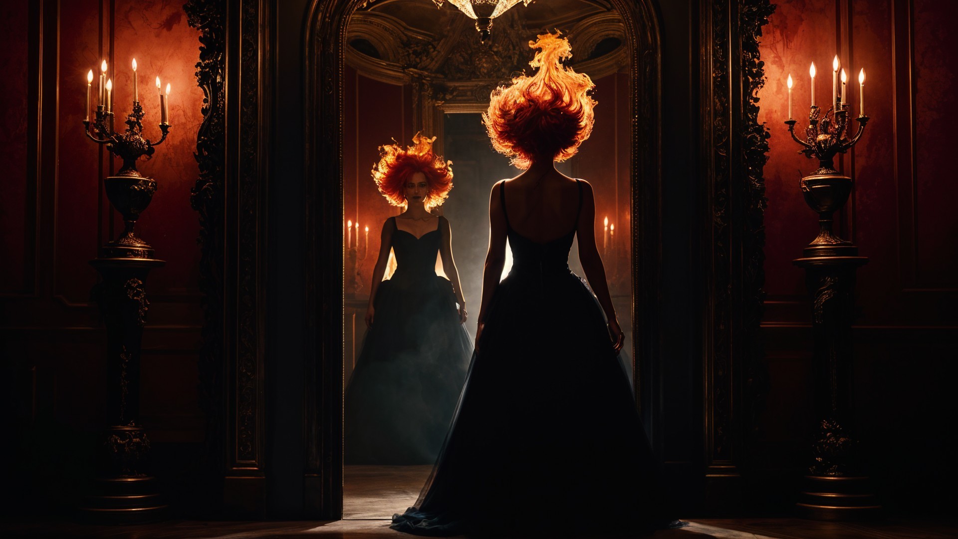 Silhouette of a Woman in Black Gown Before Mirror