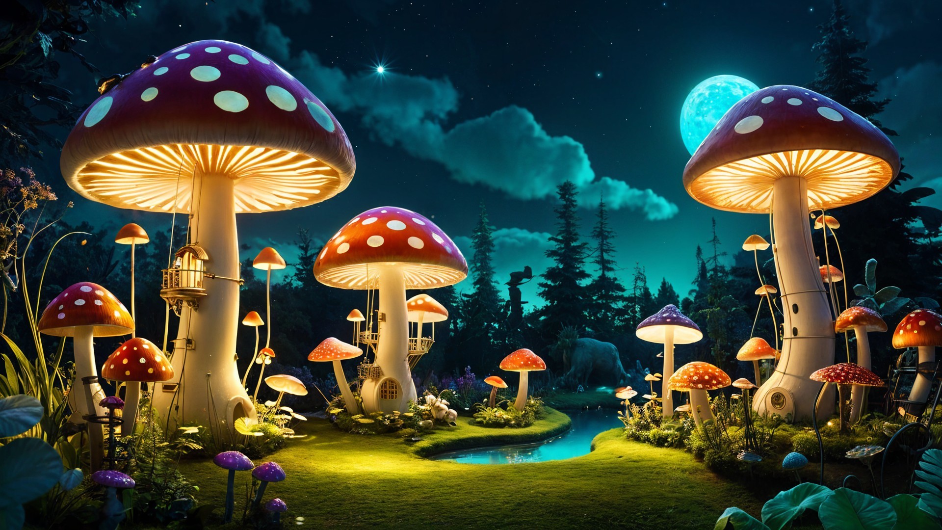 Whimsical Nighttime Scene with Colorful Mushrooms