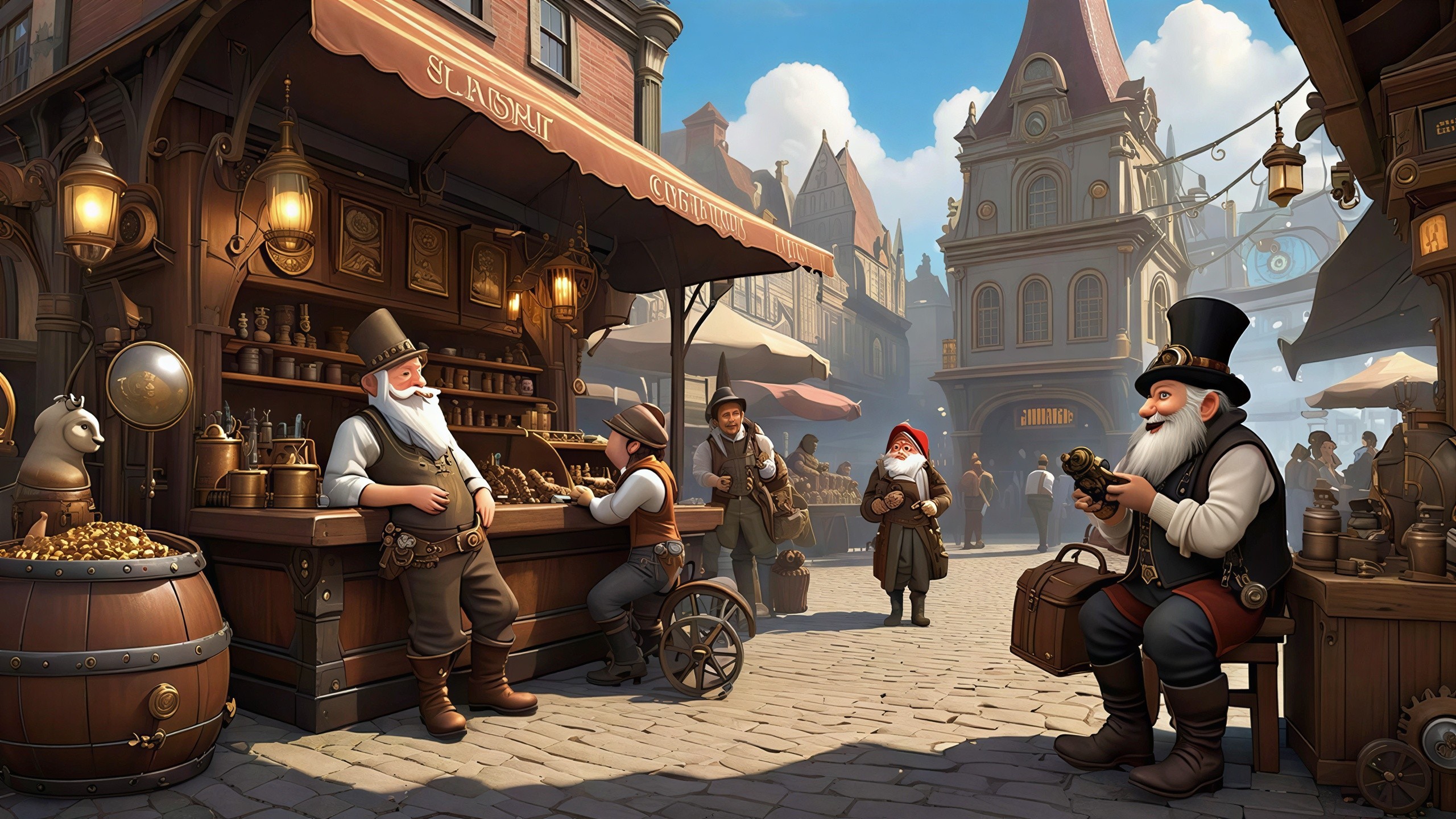 Steampunk Market Scene with Human Interactions and Stalls