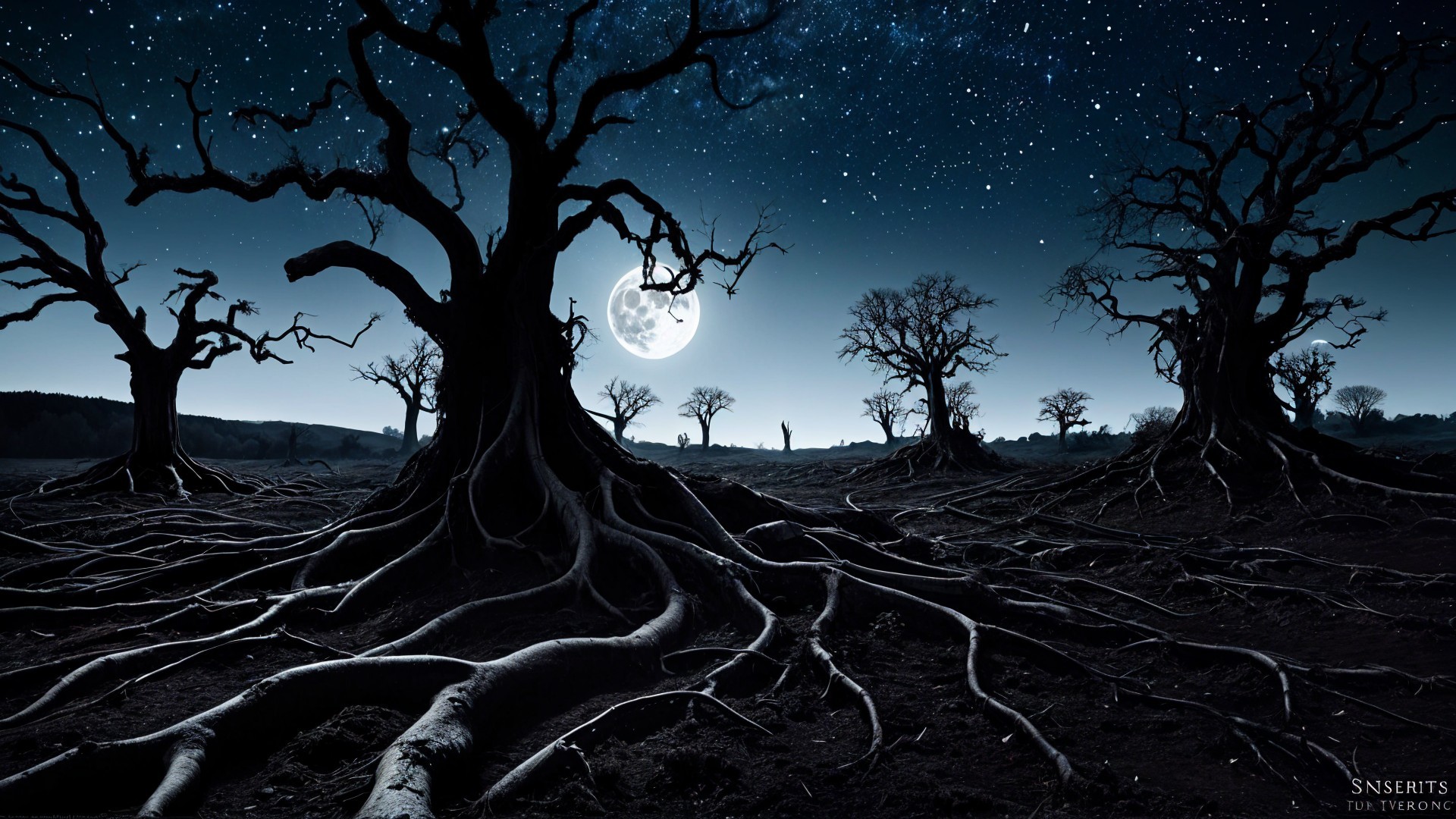 Haunting Landscape with Twisted Trees Under Moonlight
