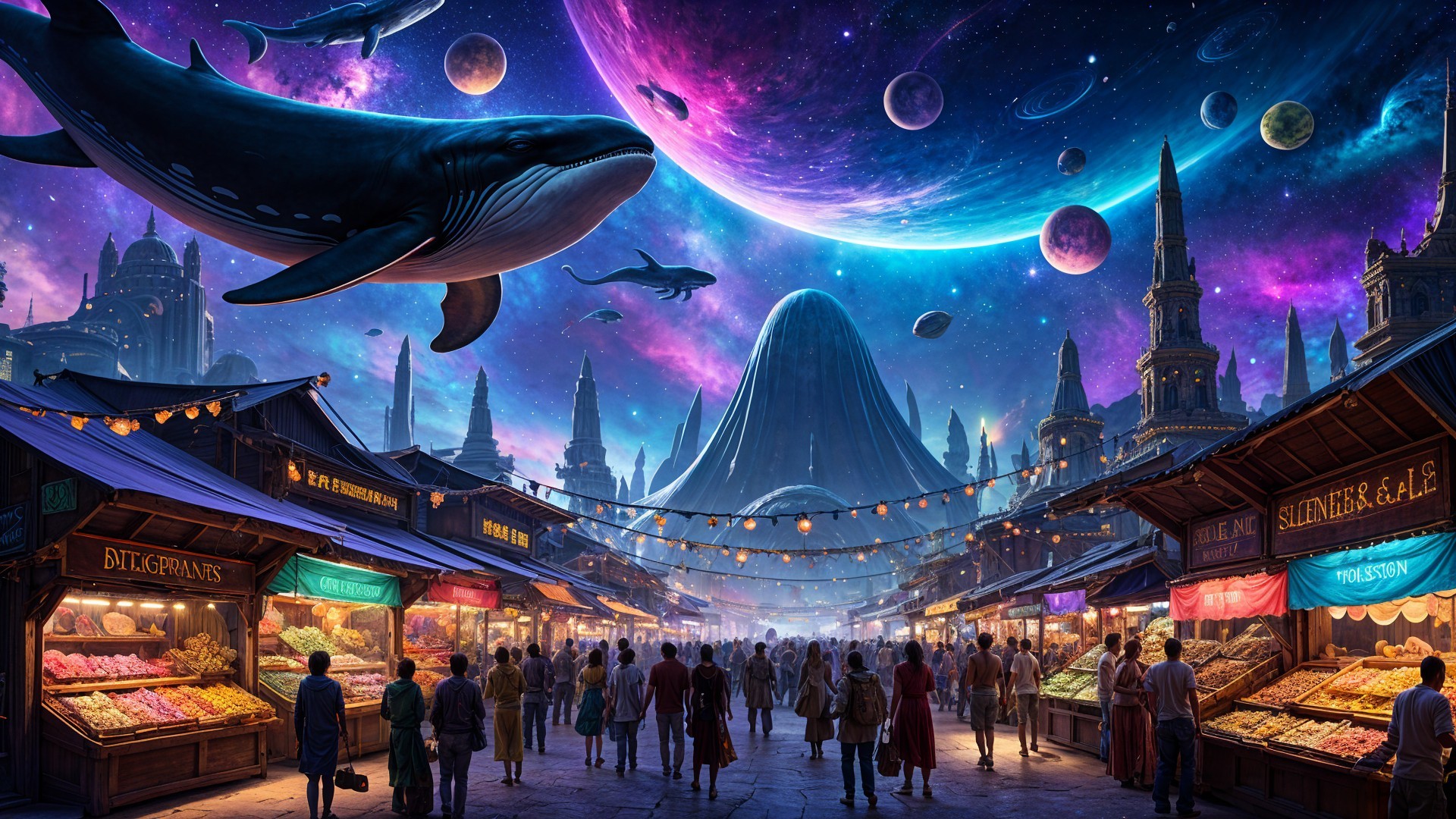 Vibrant Cosmic Marketplace Under Starry Sky