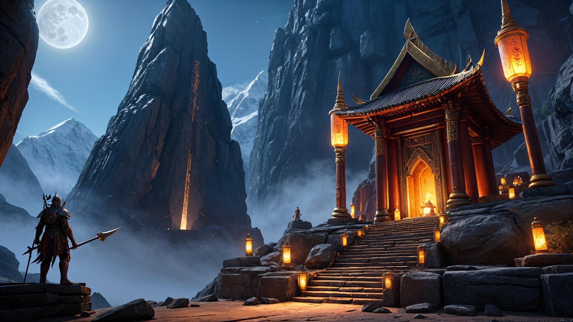 Majestic temple illuminated by mountains and moonlight