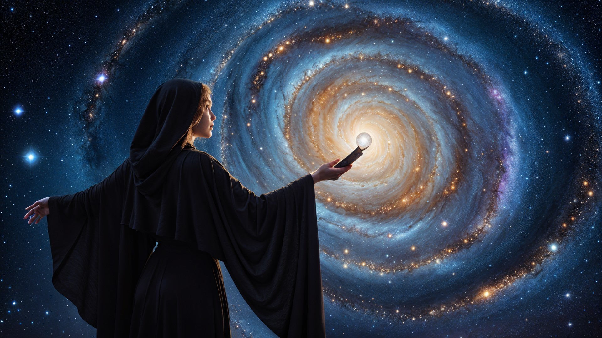 Figure in Black Robe Against Cosmic Galaxy Backdrop