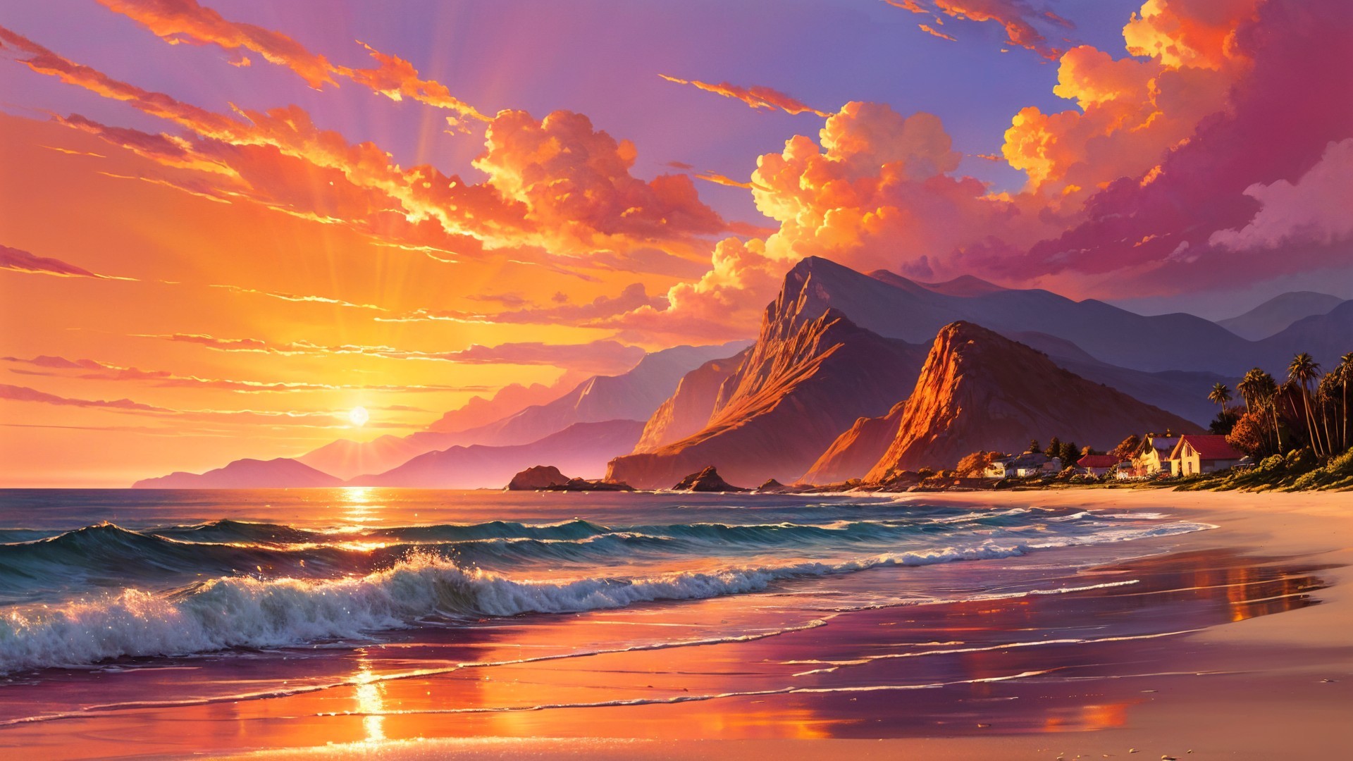 Seascape at Sunset with Mountains and Coastal Village